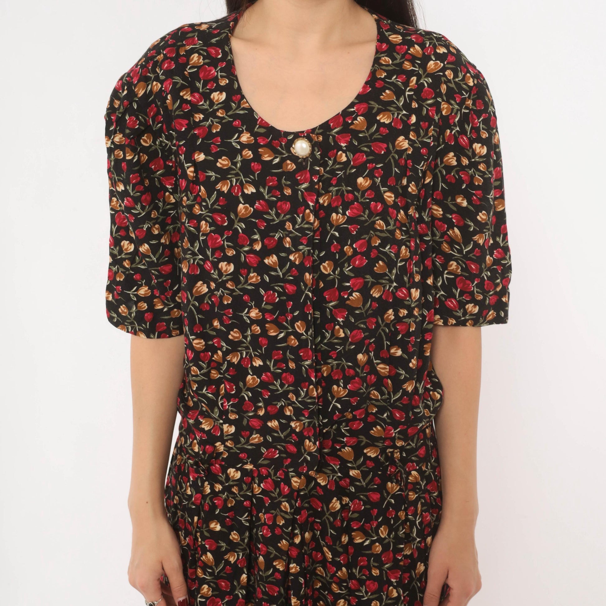 90s Periwinkle Black Tulip Maxi Dress Red Floral Puff Sleeve Plus Size XXL