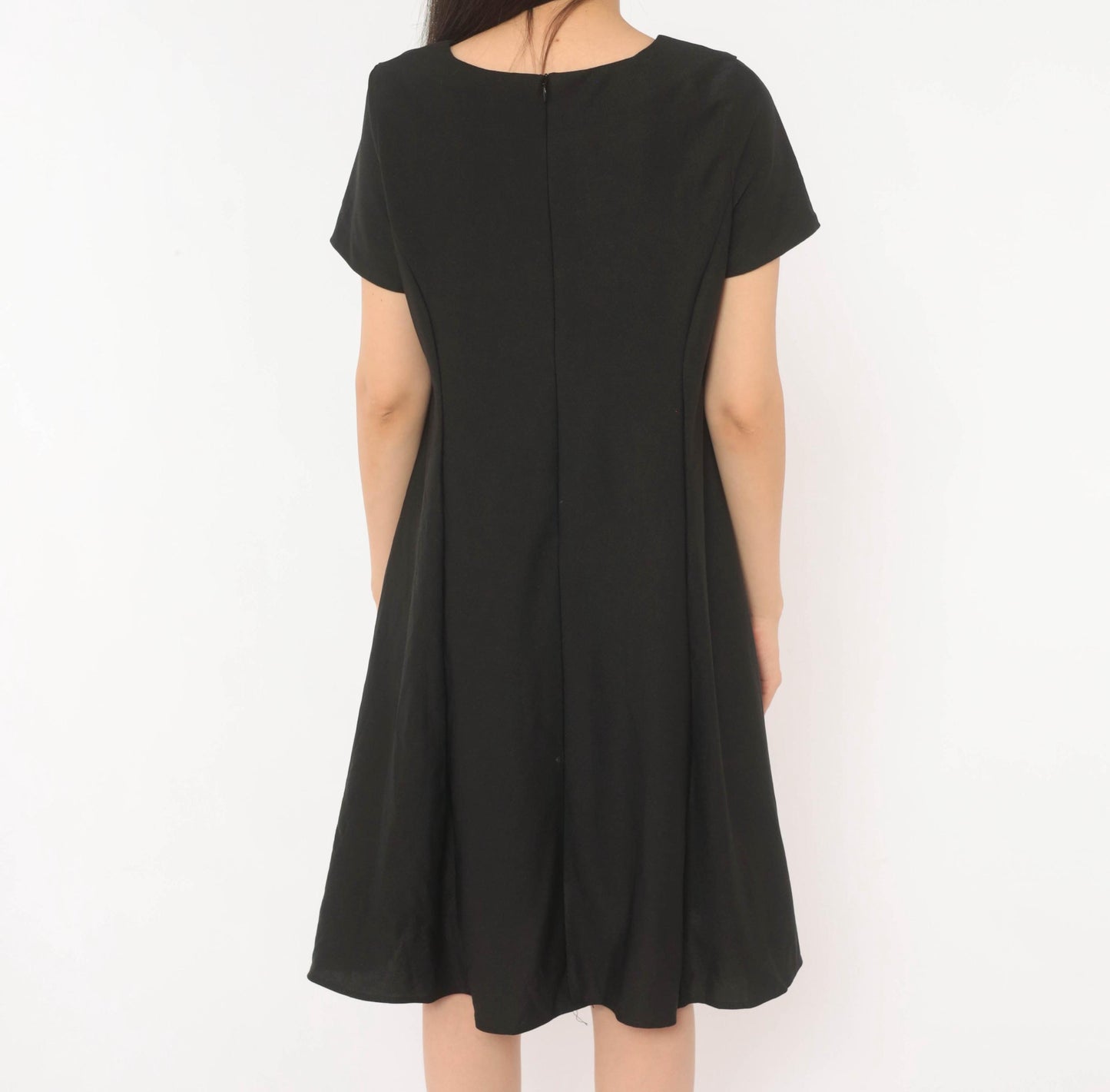 90s Black A-Line Dress Sweetheart Neckline Cap Sleeve Knee-Length Large L