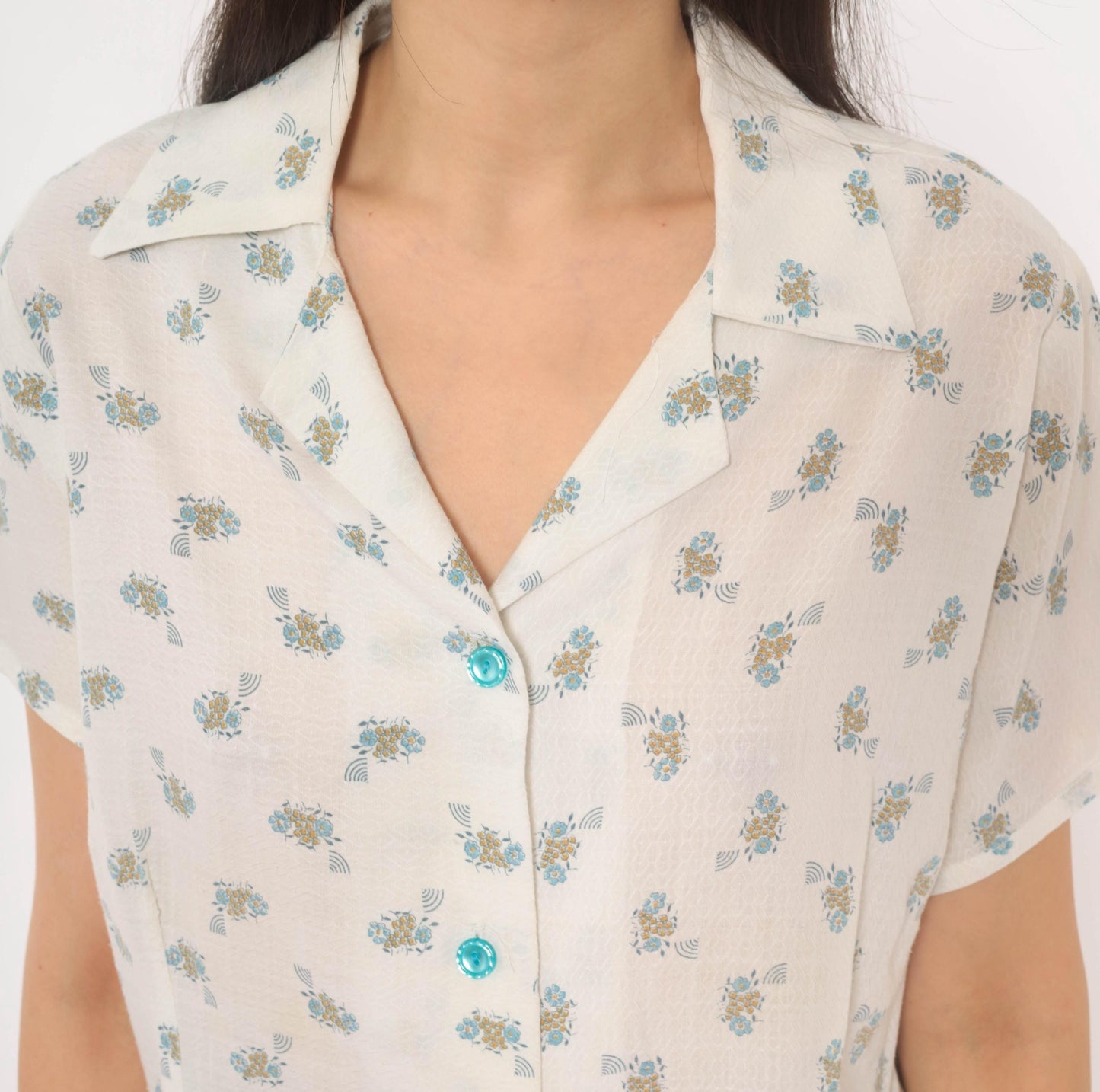 70s White Floral Camp Collar Shirt Cotton Blue Ditsy Print Large L