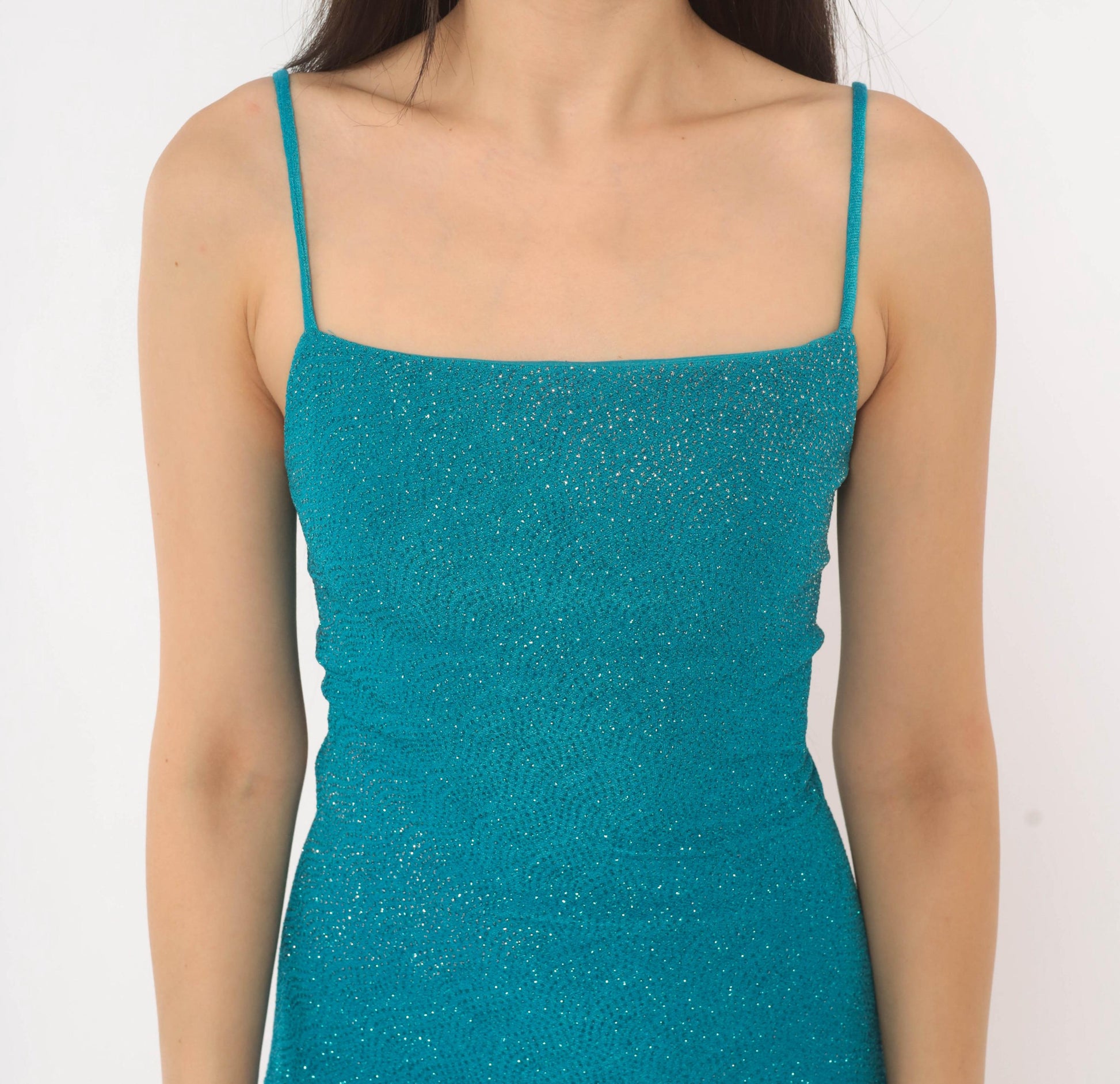 2000s City Triangles Teal Glitter Maxi Dress Lace-Up Back Small