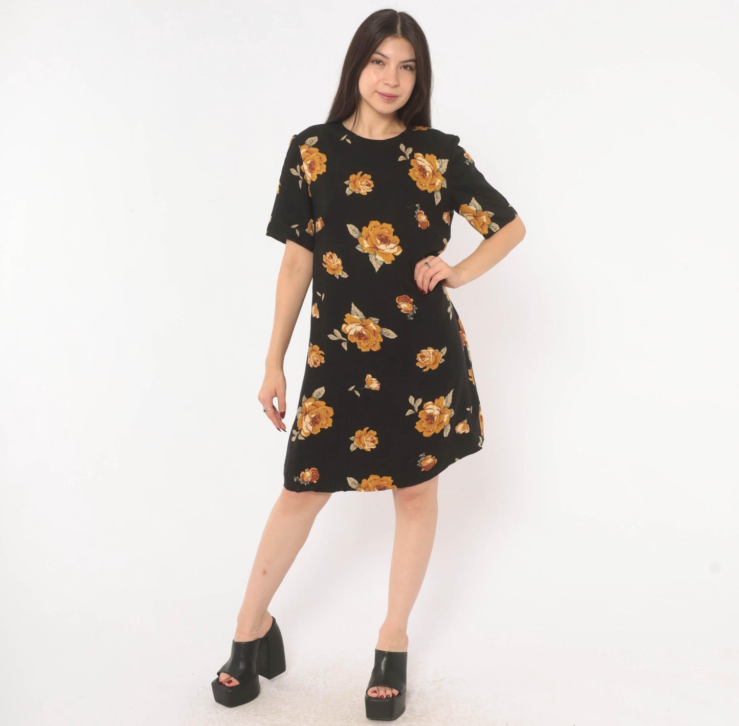 90s Black Floral Shift Dress Mustard Rose Print Cotton Crew Neck Medium M