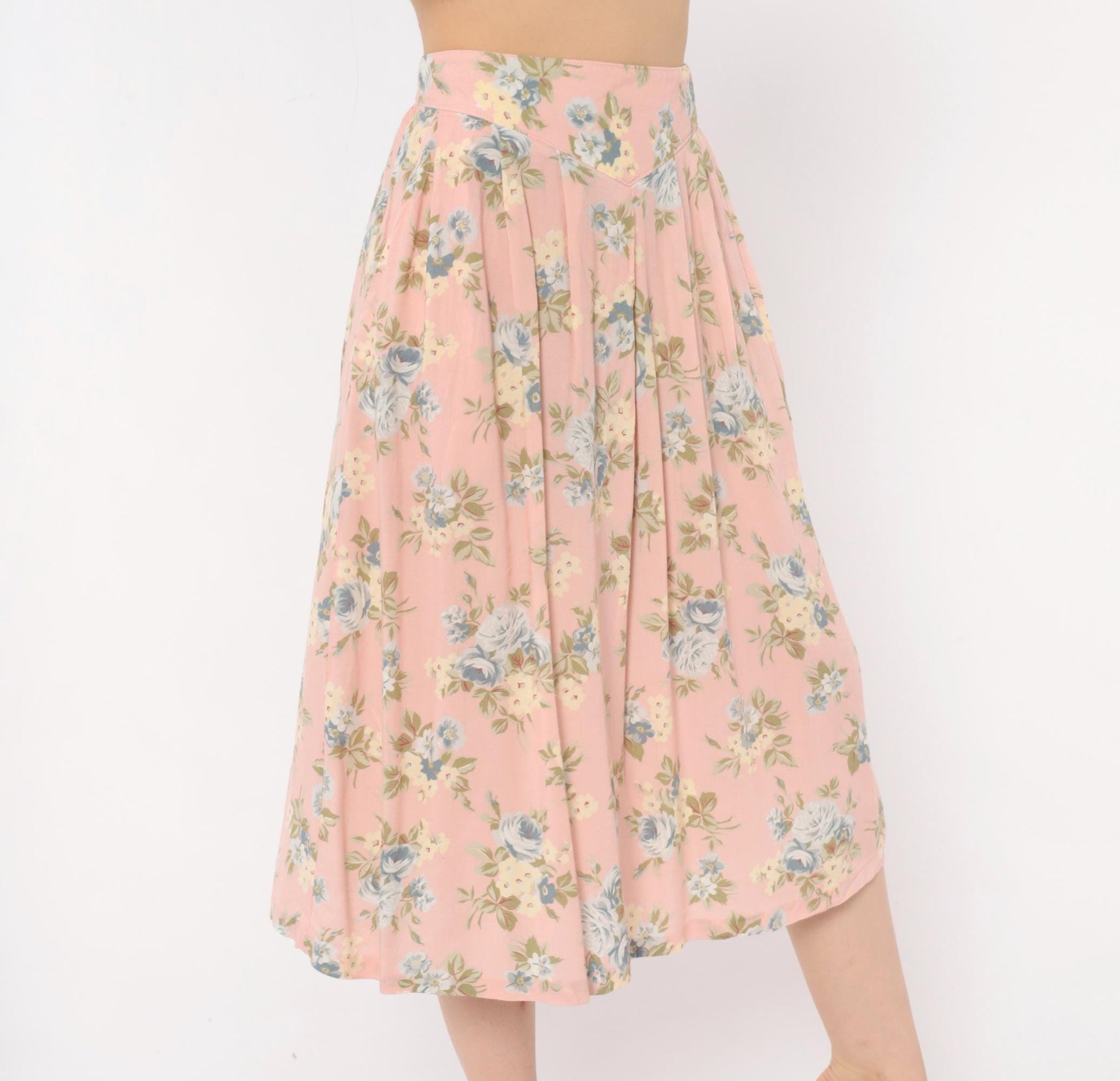 90s Russ Petites Floral Pleated Skirt Pink Rose Blue Cotton A-Line Medium