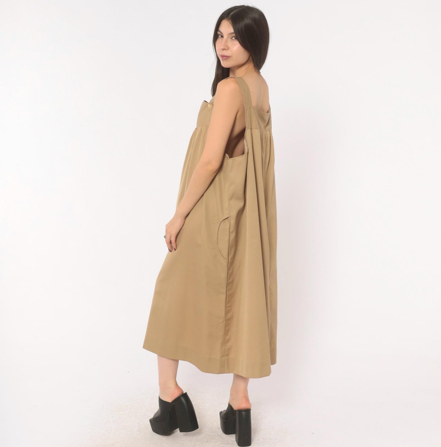 80s Tan Cotton Jumper Dress Square Neck Button Strap Midi Pinafore Large L