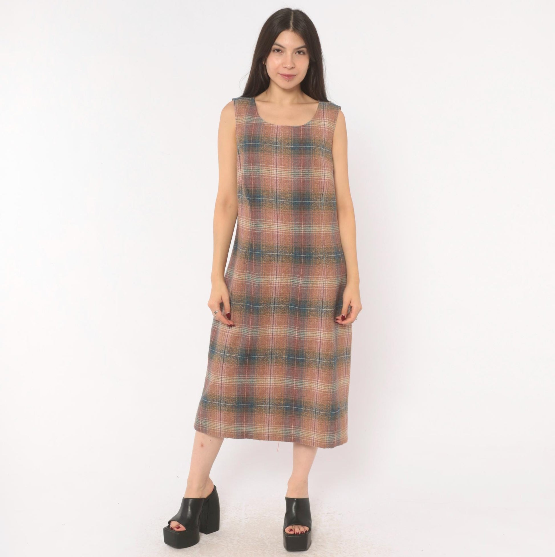 Y2K Chadwicks Plaid Wool Midi Dress Sleeveless A-Line Pink Teal Large L