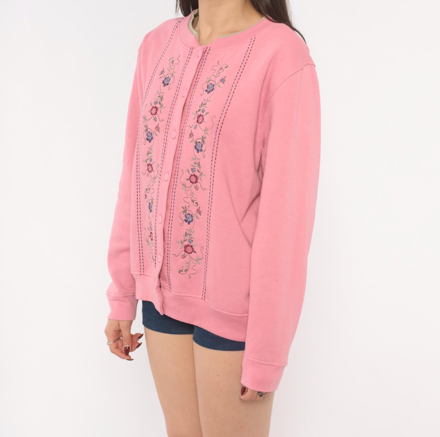 90s Shenanigans Floral Embroidered Cardigan Pink Cotton Button Front Medium