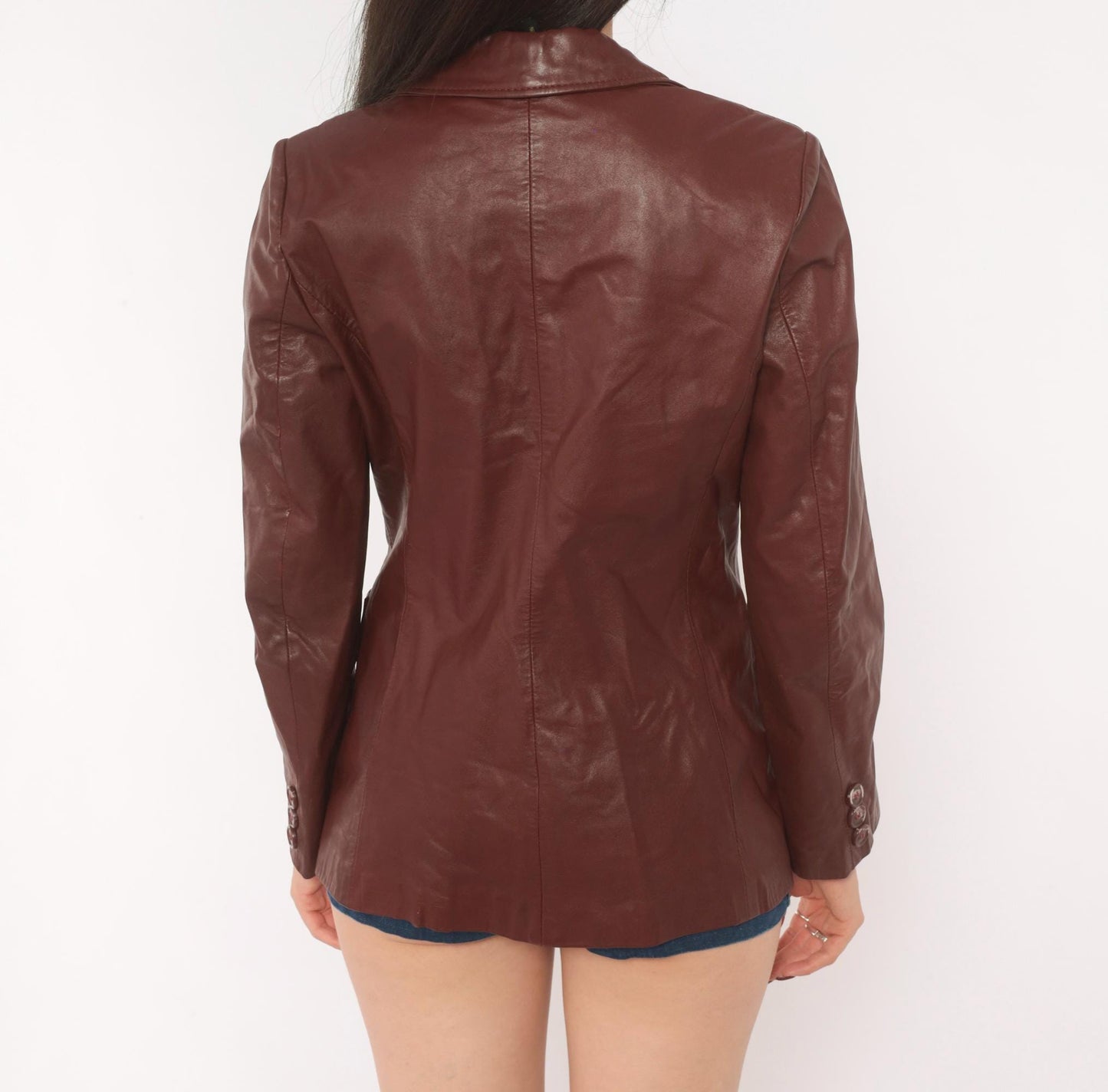 70s Burgundy Leather Blazer Single Button Notched Lapel Fitted Waist XS