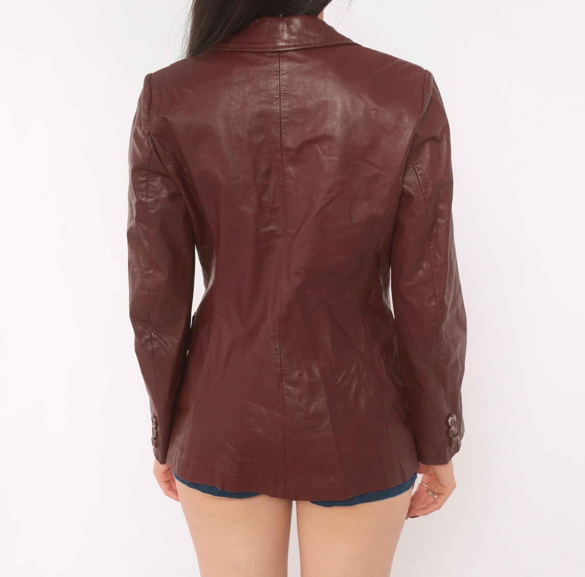 70s Burgundy Leather Blazer Single Button Notched Lapel Fitted Waist XS