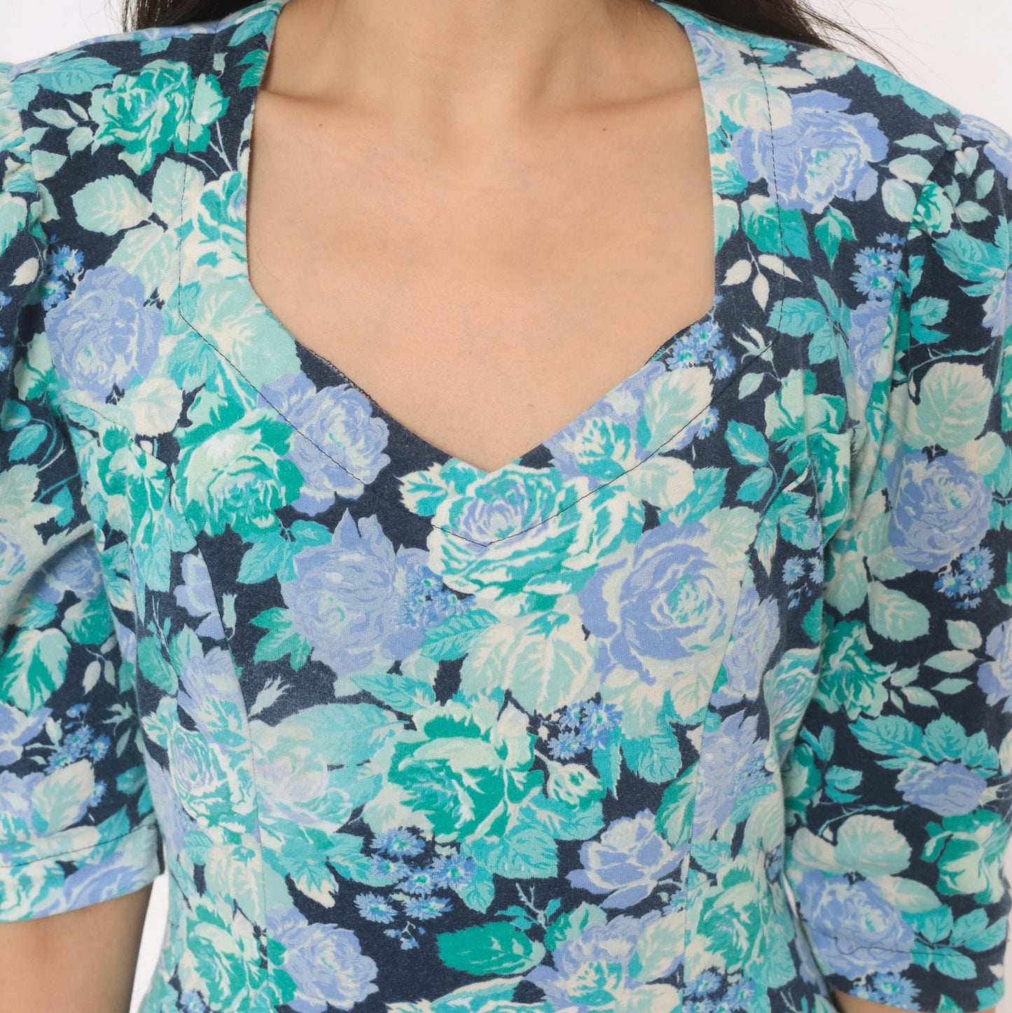 80s Stash Floral Dress Rose Print Sweetheart Neckline Puff Sleeve Navy Extra Small XS