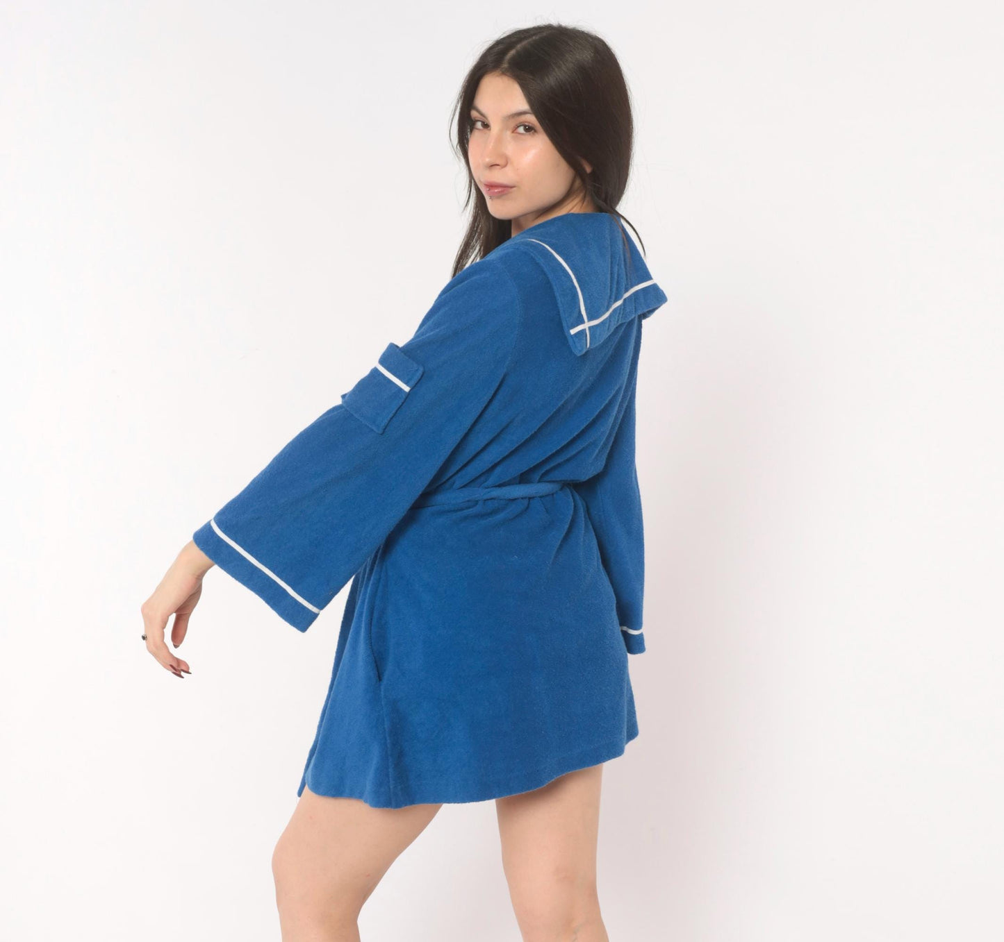 70s Deena Blue Terry Cloth Robe Sailor Collar White Piping Mini Medium M
