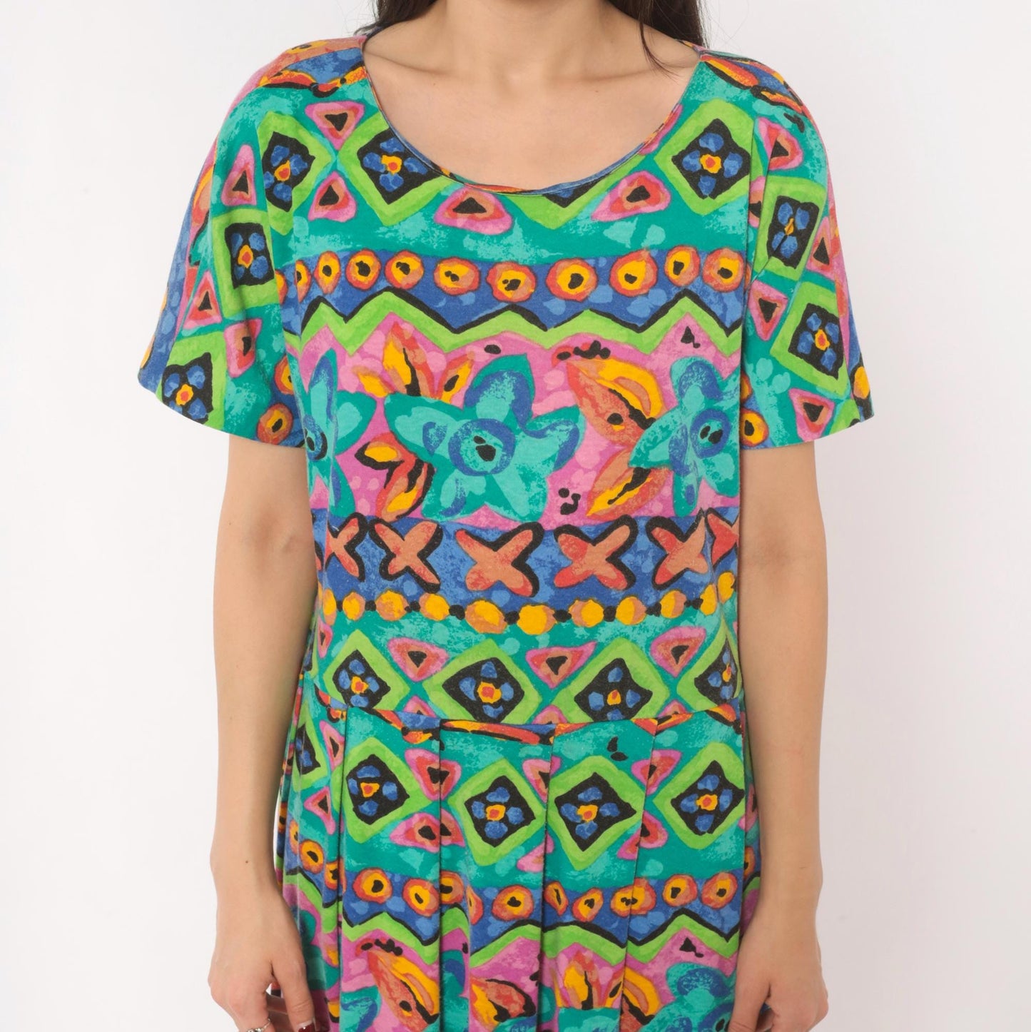 90s Sabino Geometric Tribal Print Maxi Dress Teal Pink Yellow Large L