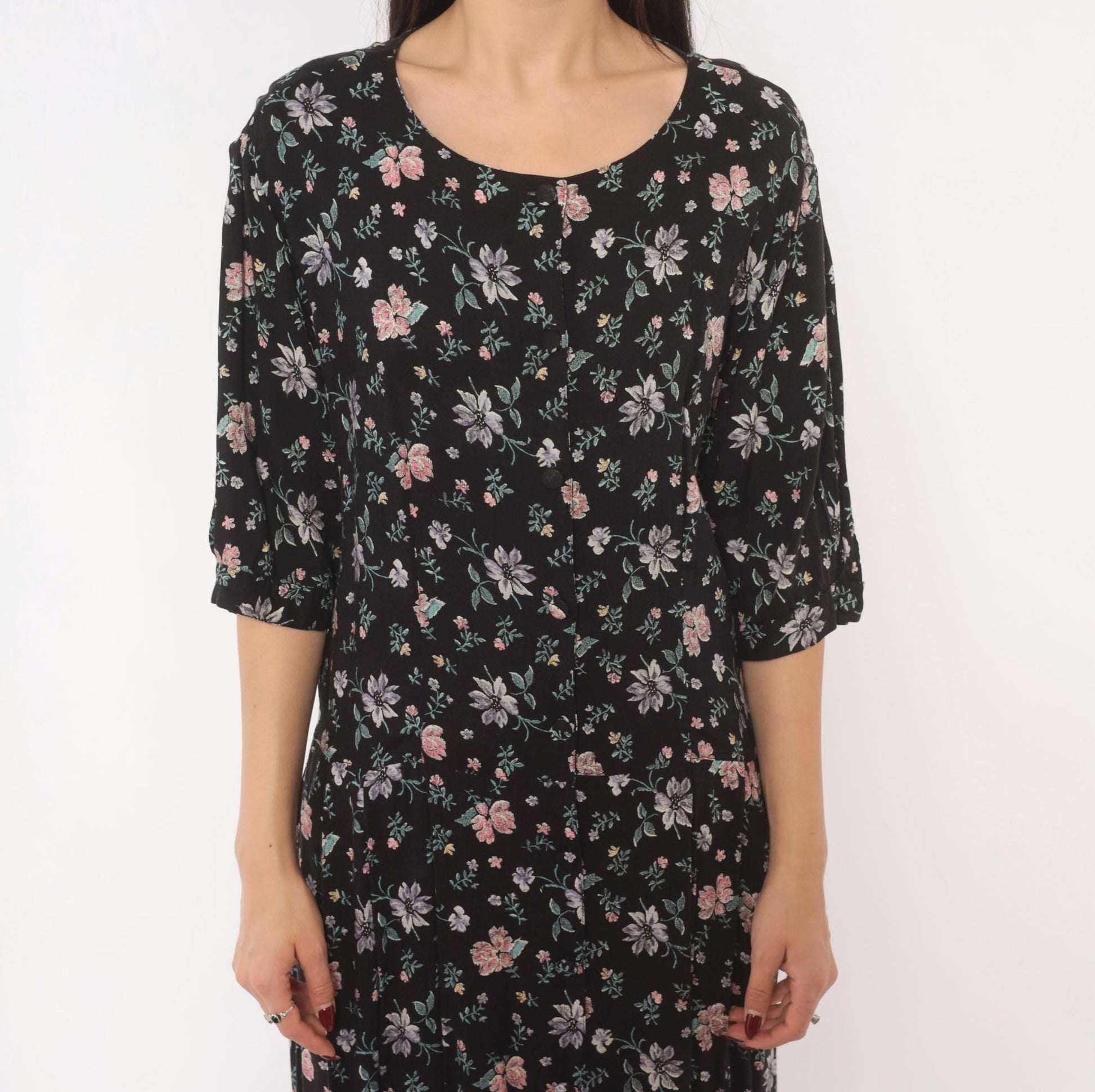 Y2K Putumayo Black Floral Maxi Dress Pink Lavender Button Front Large L