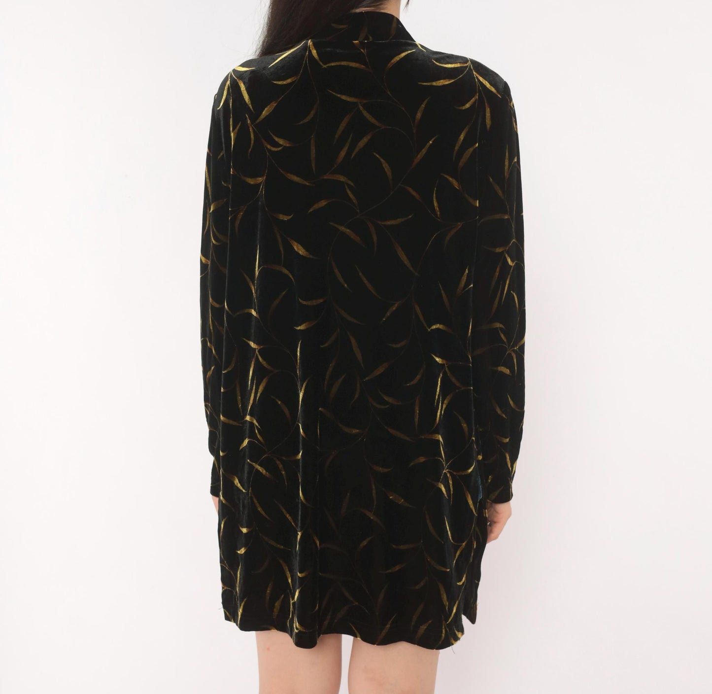 90s Ronni Nicole Black Velvet Duster Gold Leaf Botanical Print Shawl Collar Small Medium
