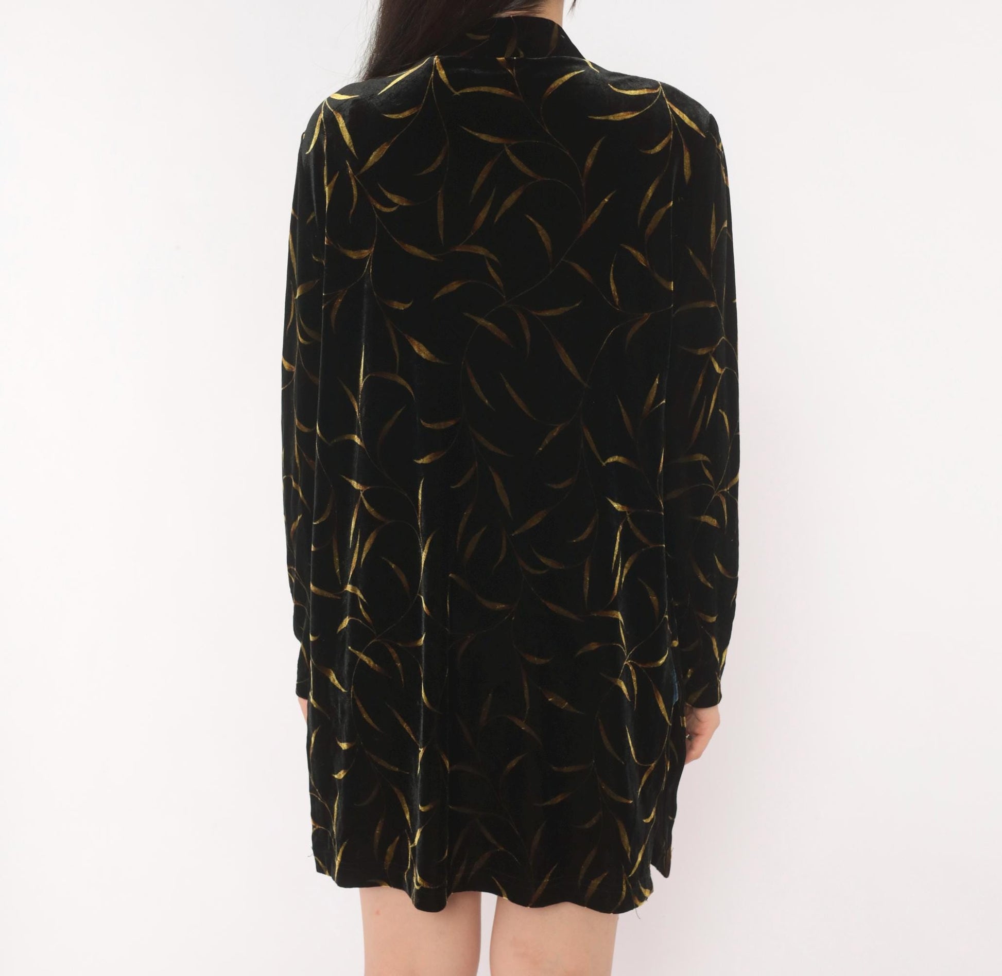 90s Ronni Nicole Black Velvet Duster Gold Leaf Botanical Print Shawl Collar Small Medium