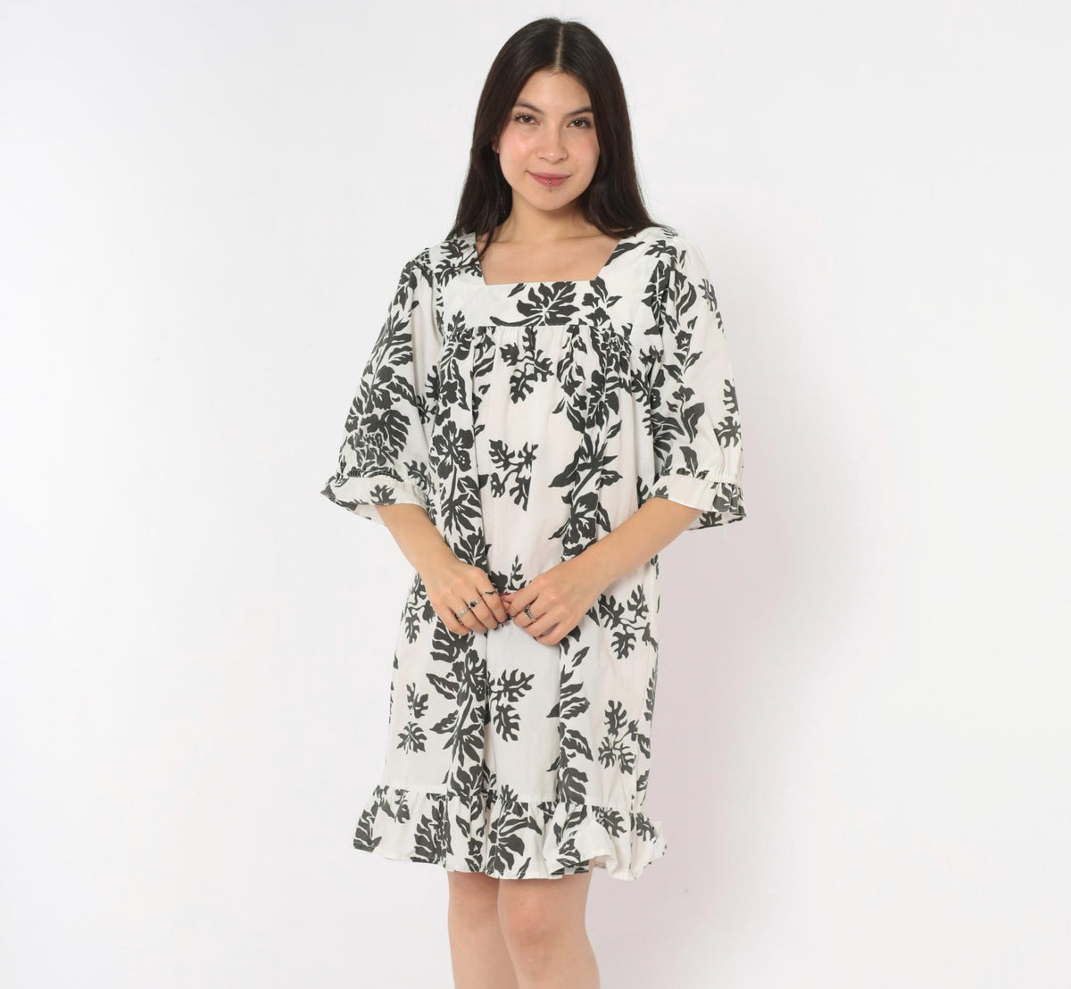 90s Nani Liberty House Hawaiian Floral Square Neck Puff Sleeve Dress Black White Small S
