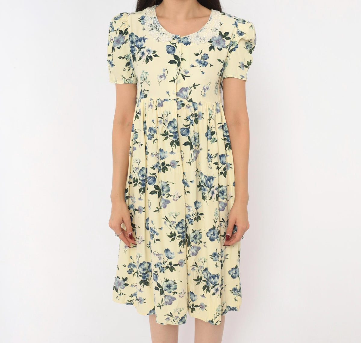 90s Swat Floral Babydoll Dress Cream Blue Puff Sleeve Lace Collar Extra Small XS