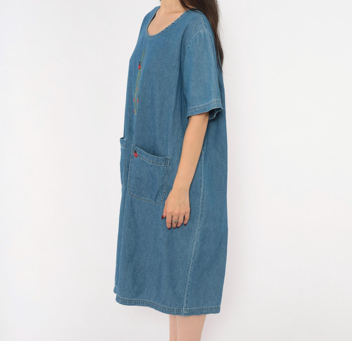 90s Blair Ladybug Embroidered Denim Shift Dress Blue Knee-Length Extra Large