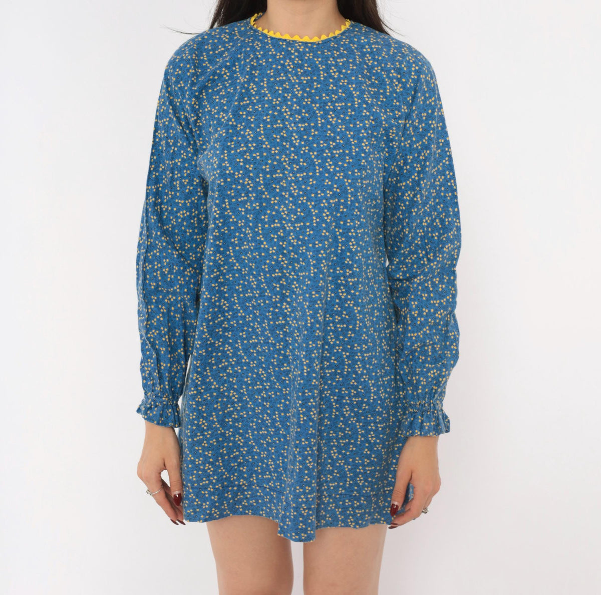 70s Ditsy Floral Cotton Mini Dress Blue Yellow Ric Rac Long Sleeve Extra Small XS
