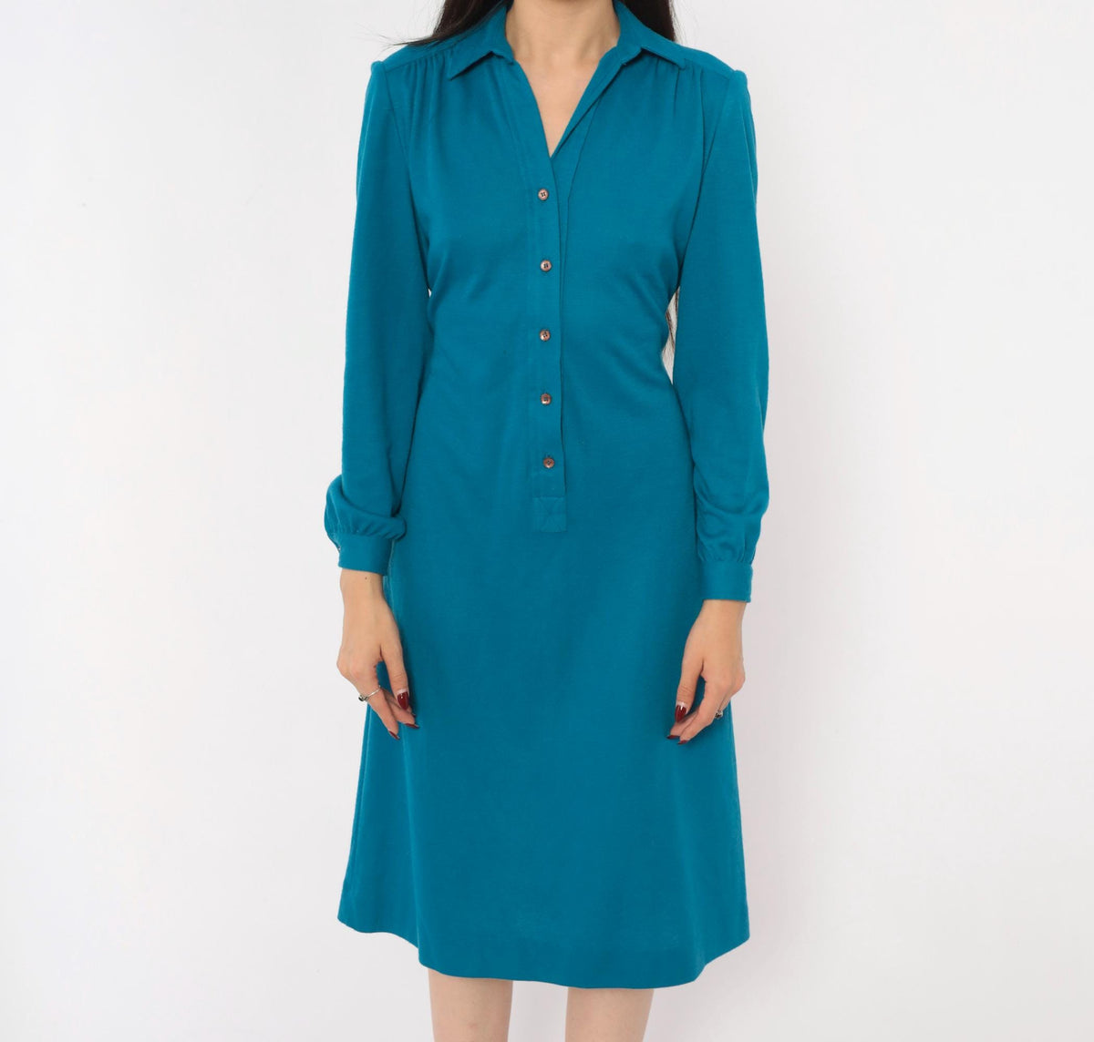 70s Schrader Sport Petites Teal Wool Shirt Dress Tie Waist A-Line Medium M