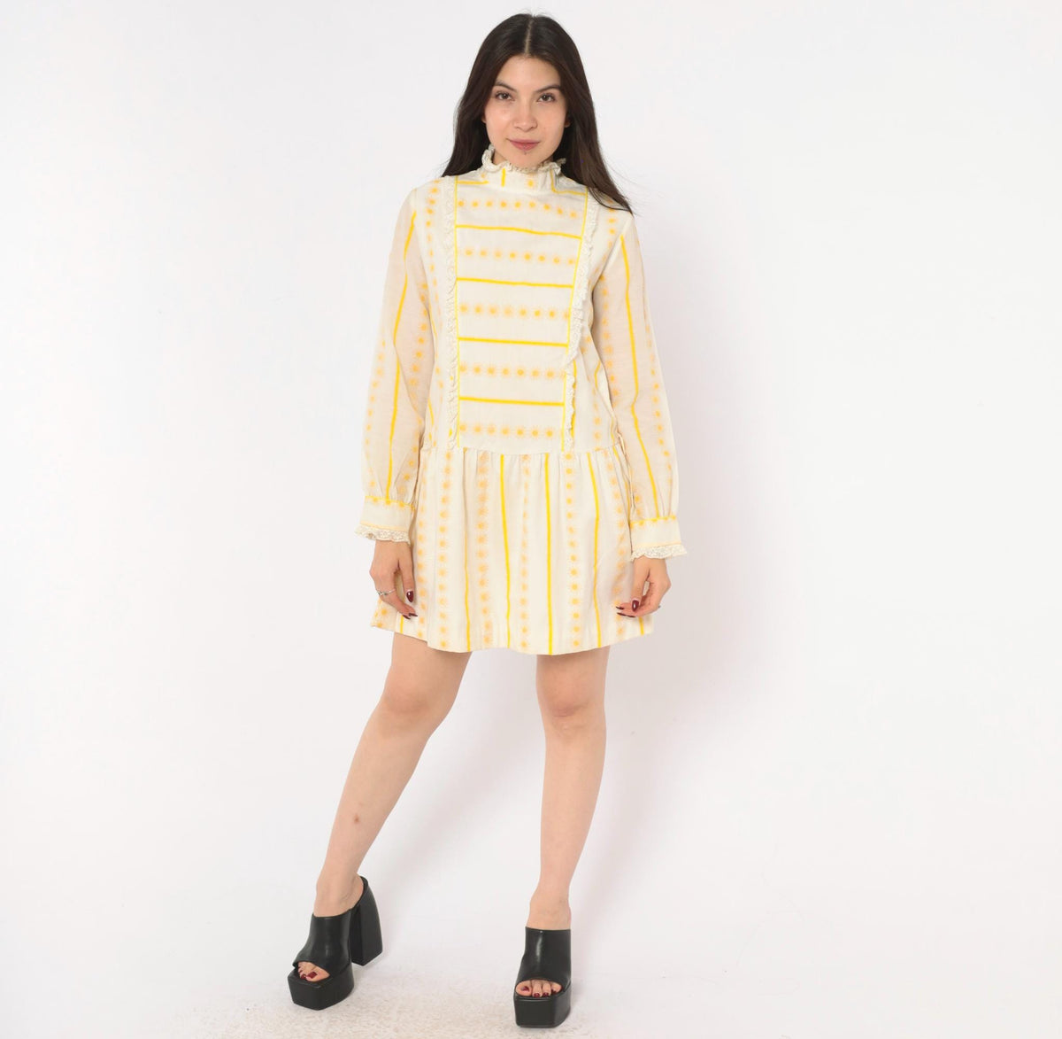 60s Miss Brent Daisy Stripe Mini Dress Yellow Cream Lace High Neck Long Sleeve Extra Small