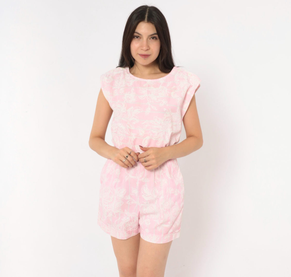 90s Deb Pink Floral Botanical Romper Cotton Cap Sleeve Playsuit Small