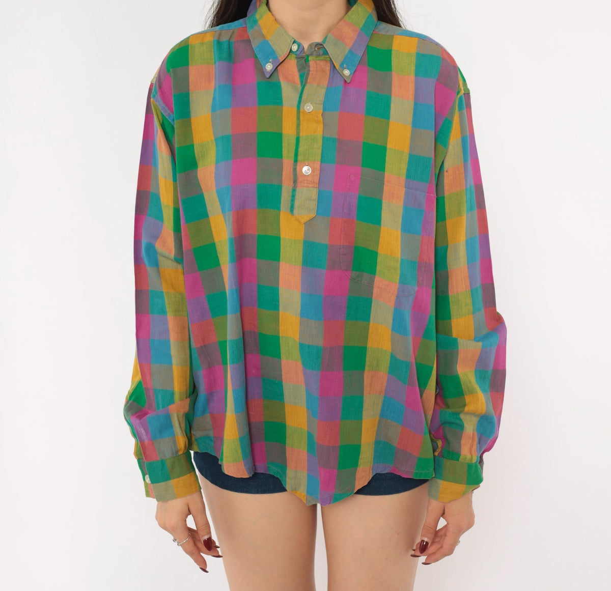 70s Career Club Madras Plaid Button-Down Shirt Multicolor Gingham Large L