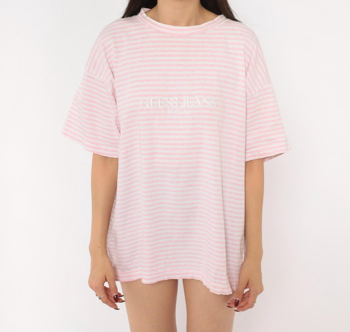 Guess Jeans USA Pink White Striped Cotton Tee Embroidered Logo Large