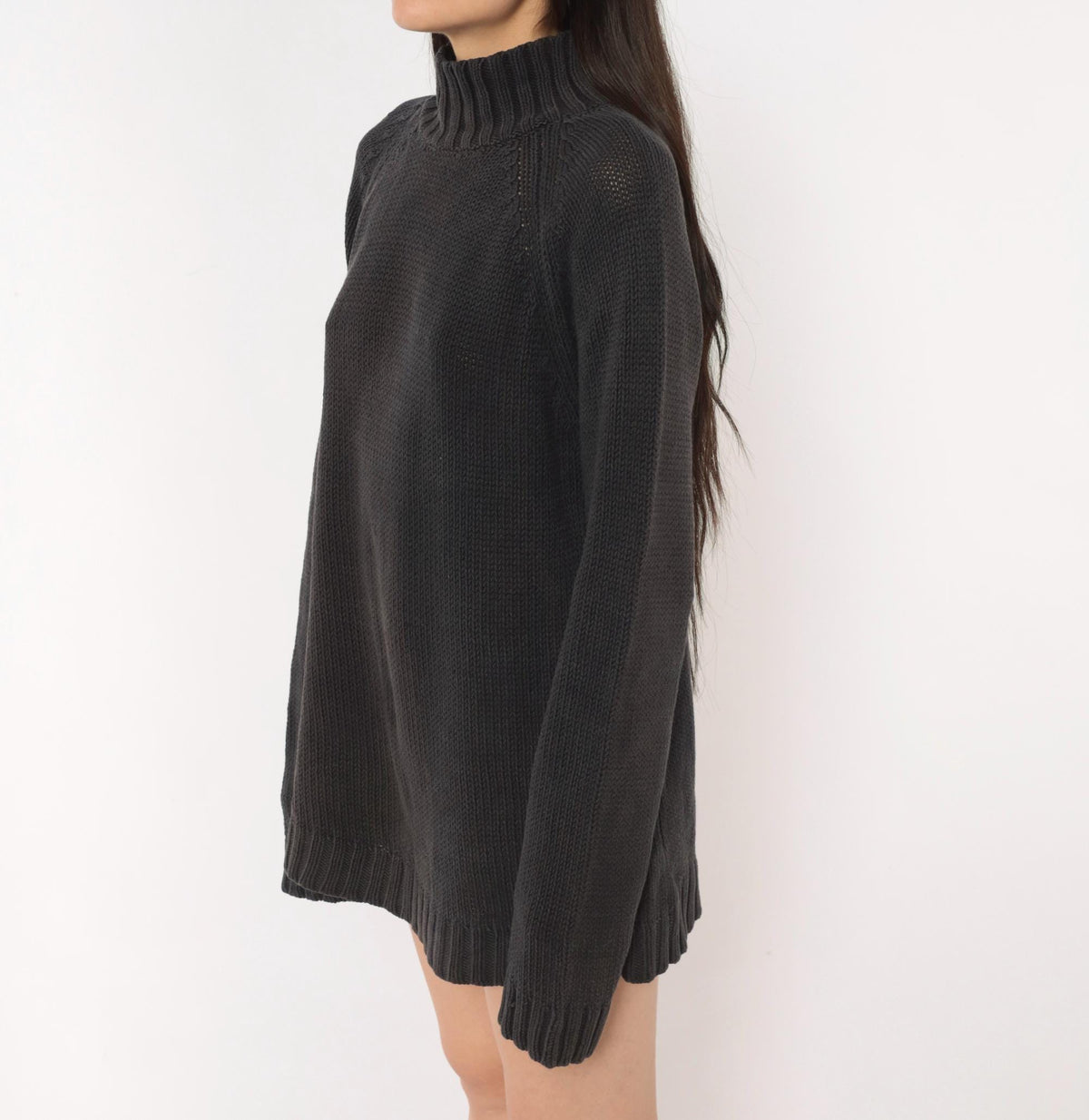 90s Chadwick's Black Mock Neck Sweater Cotton Knit Raglan Pullover Large L
