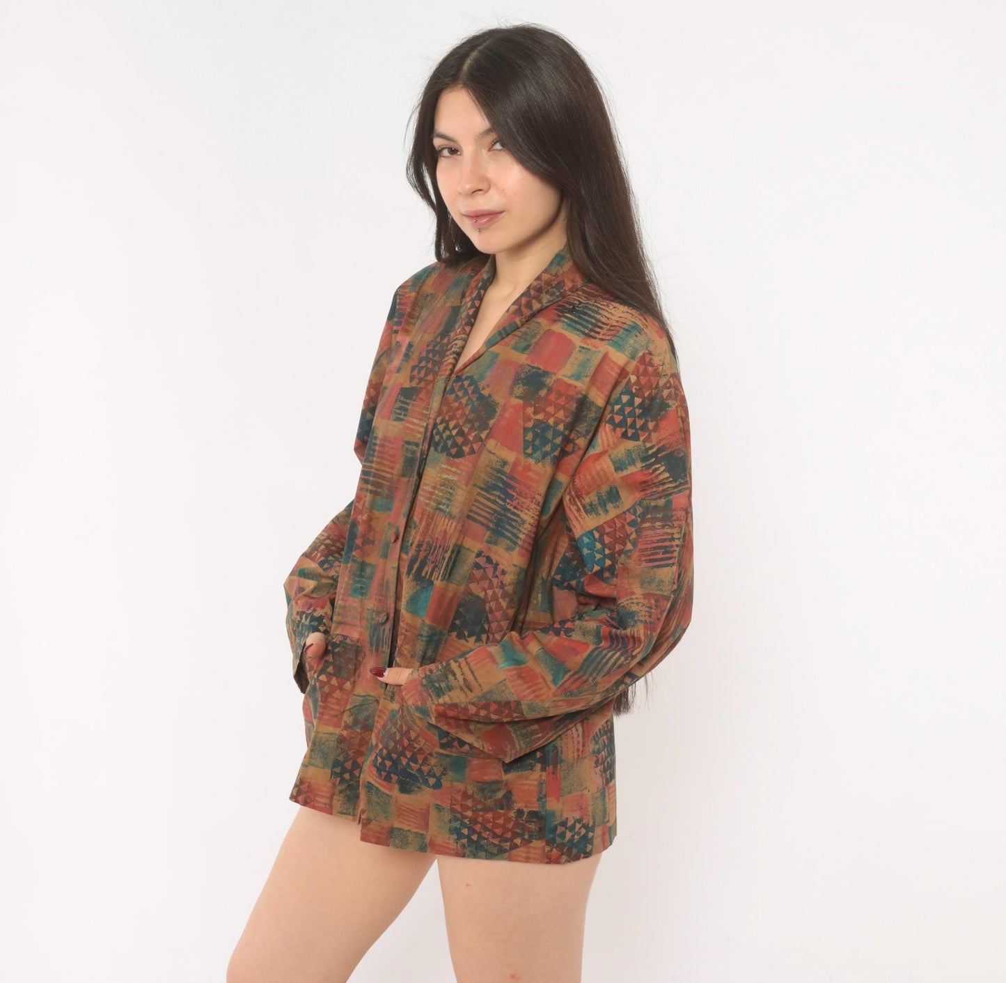 Y2K Abstract Geometric Blazer Shawl Collar Patchwork Rust Teal Medium M