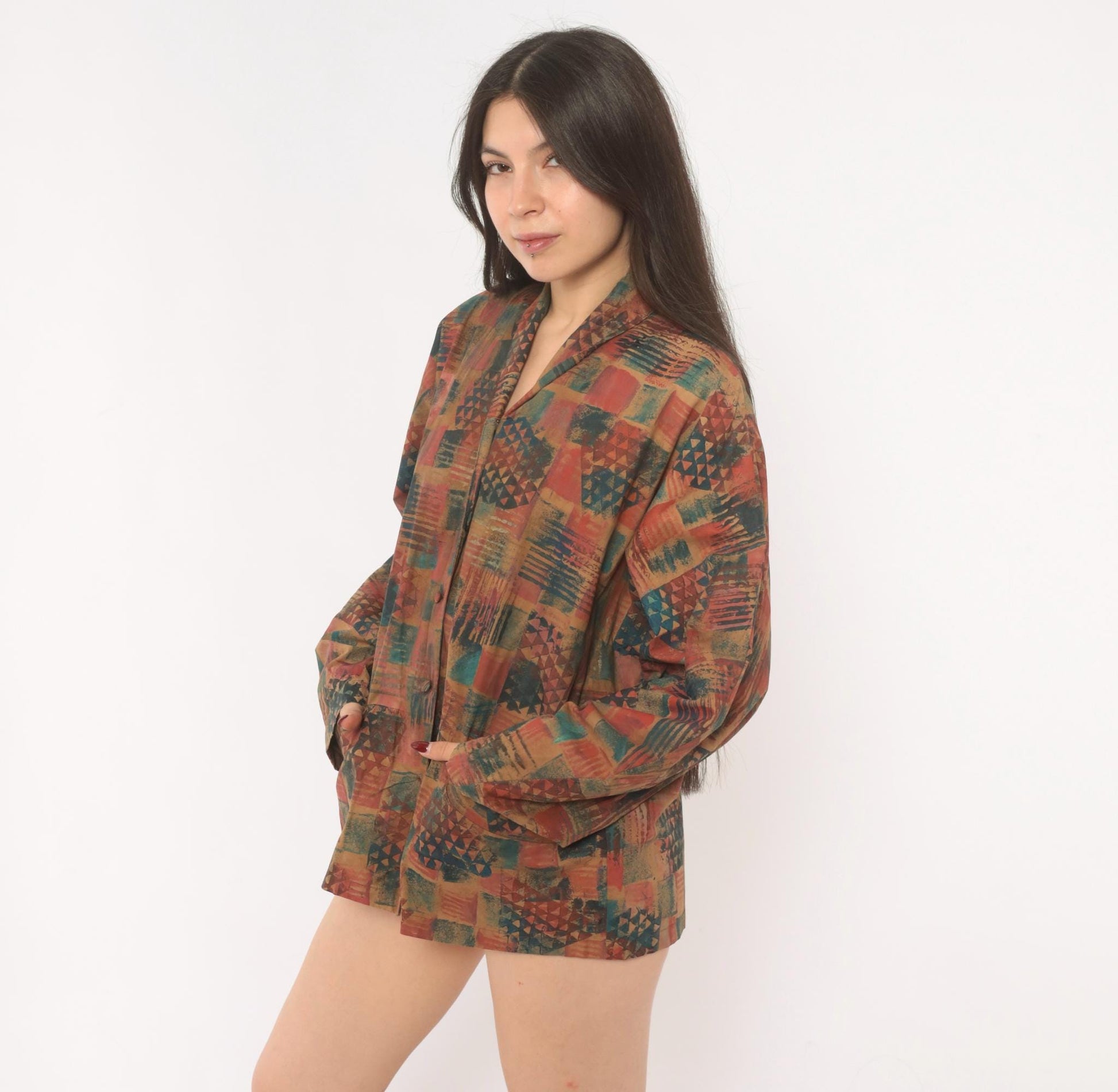 Y2K Abstract Geometric Blazer Shawl Collar Patchwork Rust Teal Medium M