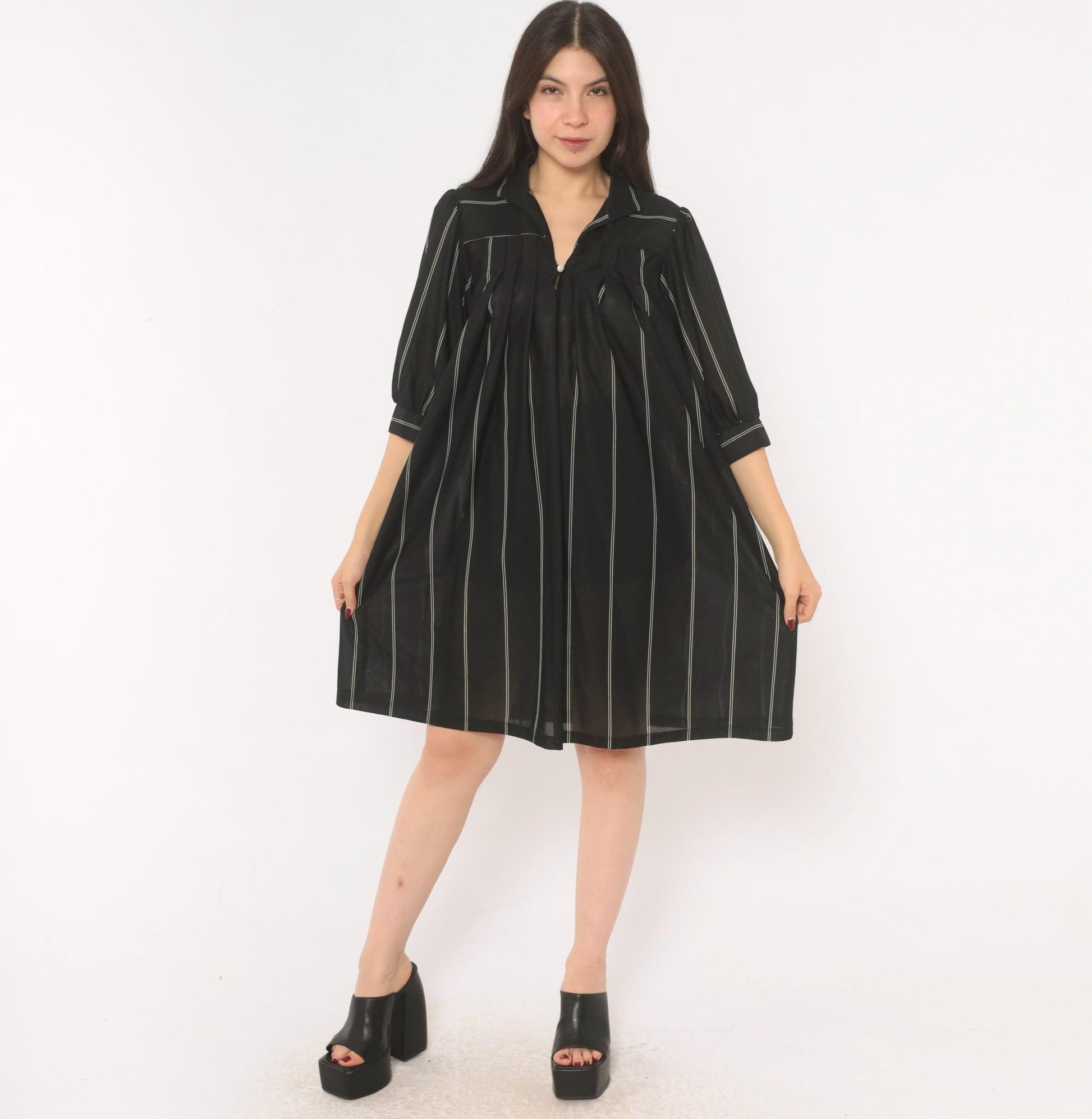 70s Black Pinstripe Shirt Dress Knee-Length Collared Button Front Medium