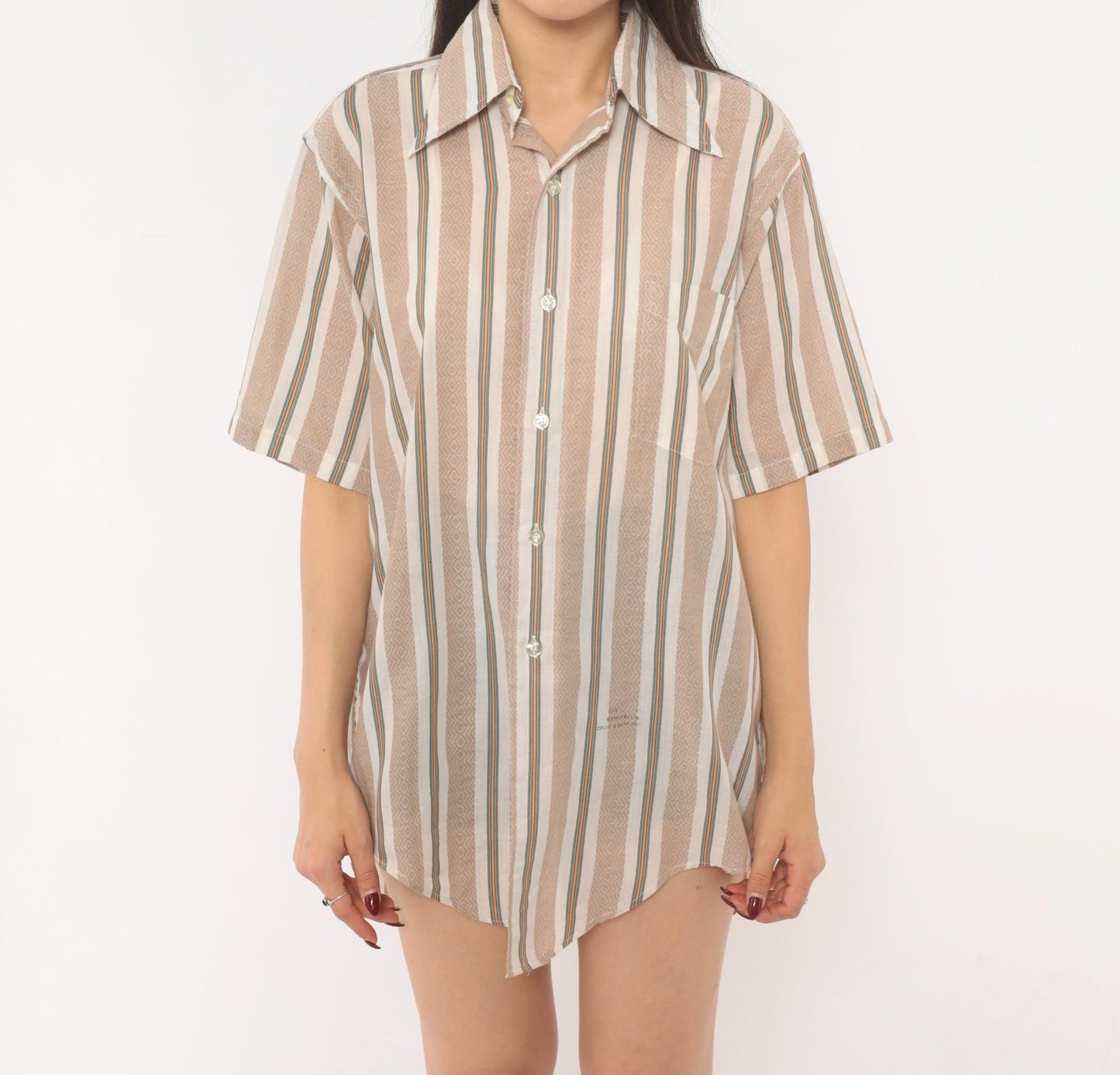 70s Donross Striped Button Up Shirt Cream Tan Teal Orange Camp Collar Medium