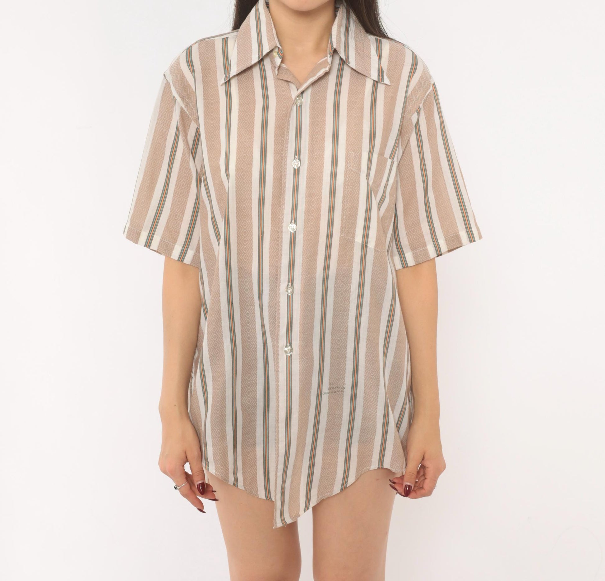 70s Donross Striped Button Up Shirt Cream Tan Teal Orange Camp Collar Medium