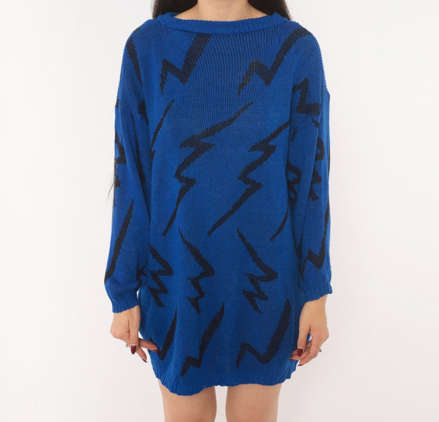 80s Cobalt Blue Lightning Bolt Knit Pullover Black Zigzag Crewneck Medium