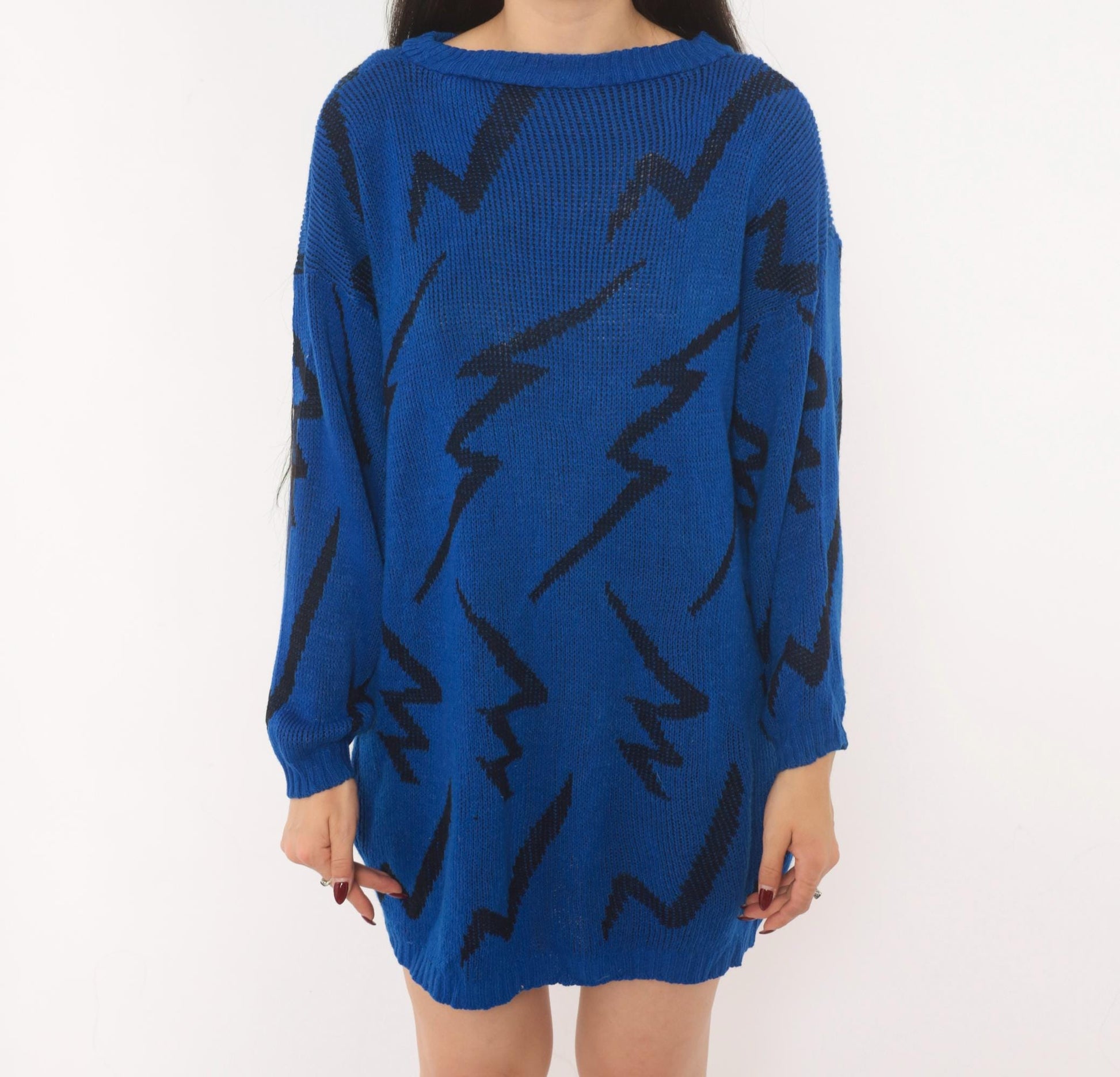 80s Cobalt Blue Lightning Bolt Knit Pullover Black Zigzag Crewneck Medium