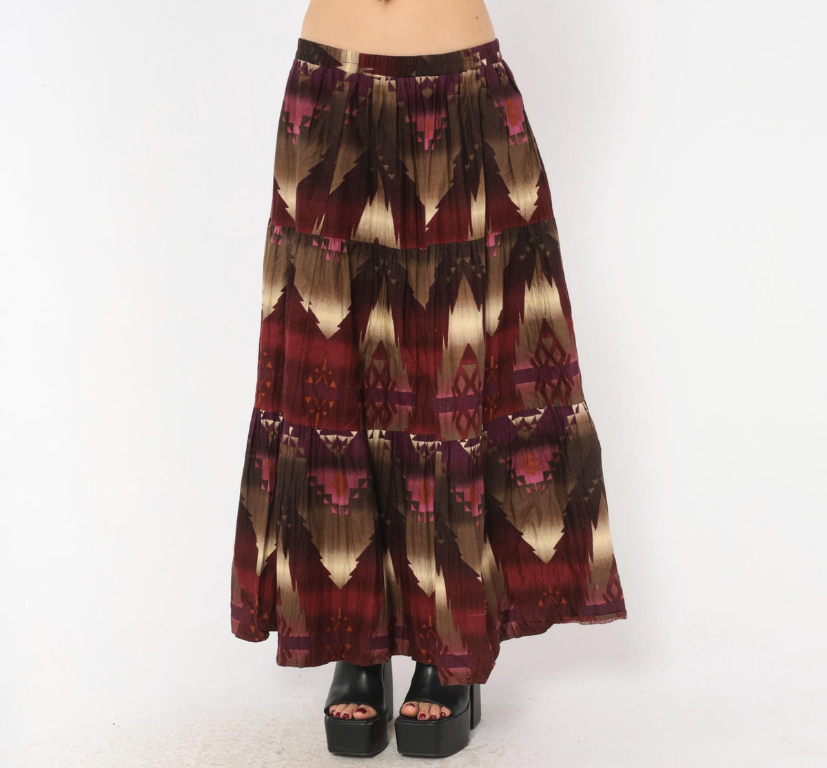 90s Circle T Southwestern Maxi Skirt Geometric Print Burgundy Cotton Medium