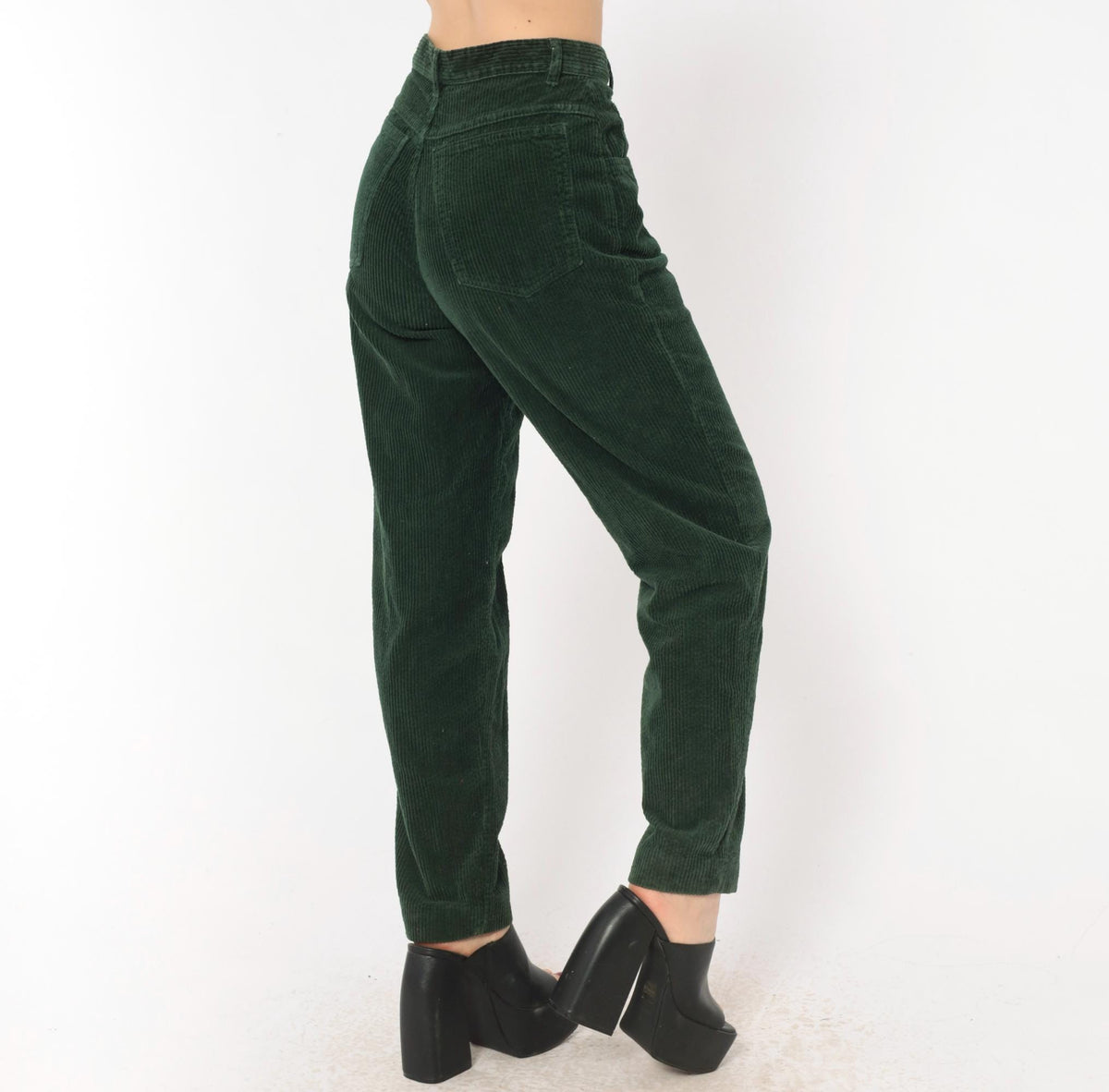 Benetton Emerald Corduroy High-Waist Pants 80s Forest Green Cotton Trousers XS
