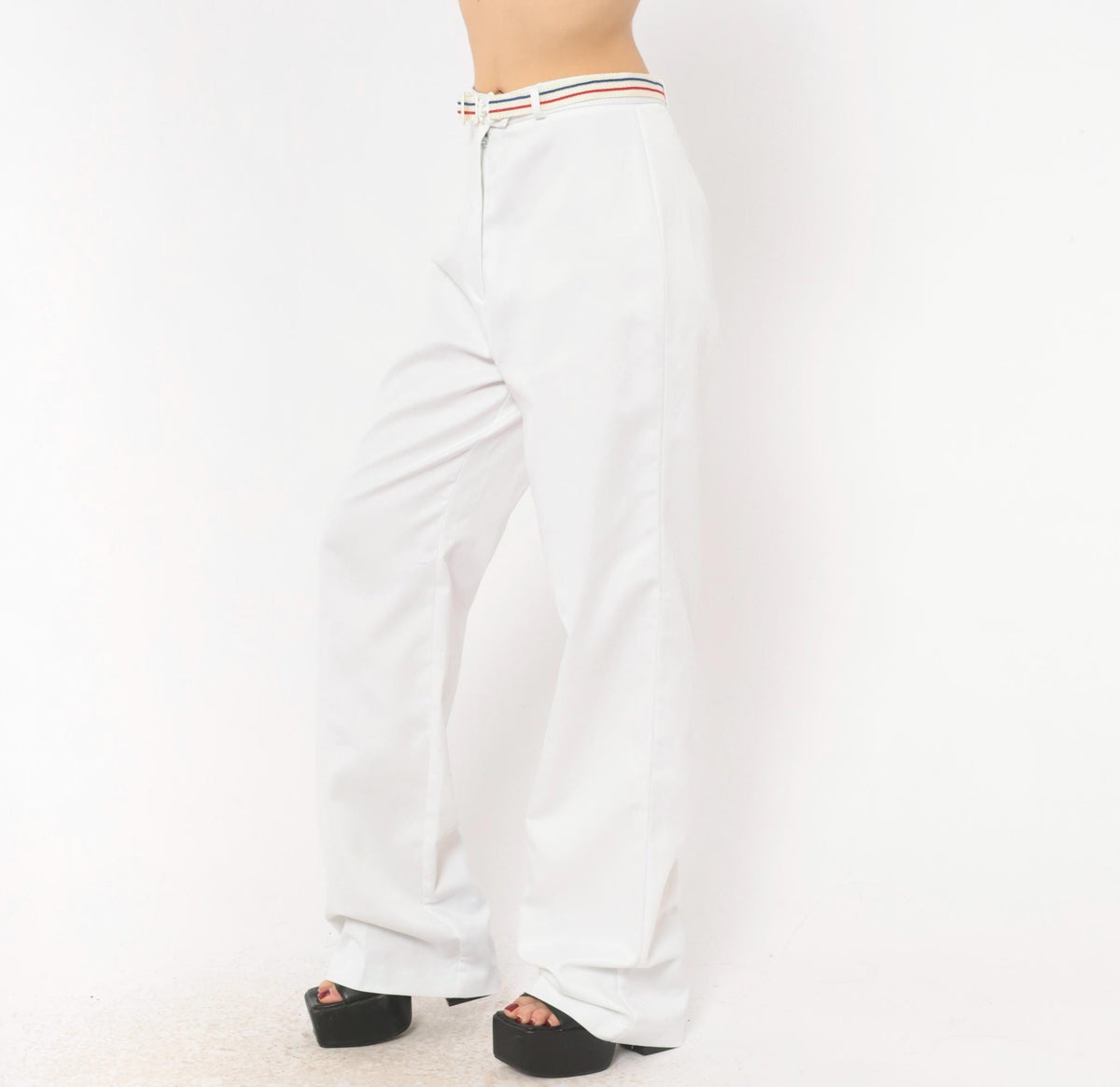 70s MMJ White Wide Leg Trousers Striped Belt High Rise Small S