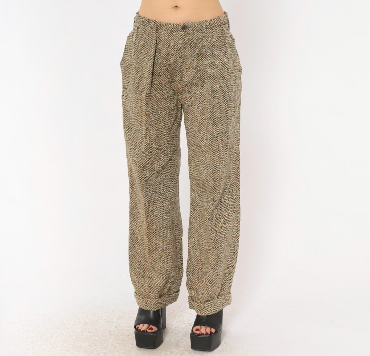 70s Herringbone Tweed Wool Pleated Trousers Tan Cream High Rise Medium