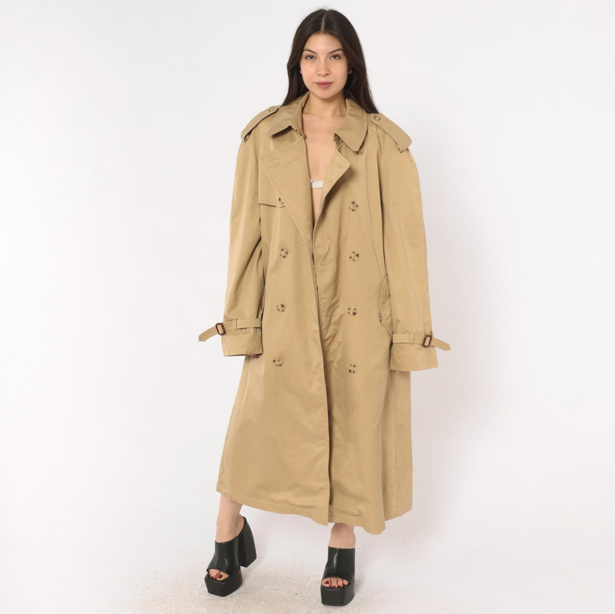 80s Tan Trench Coat Double Breasted Nova Check Lining Mens Medium