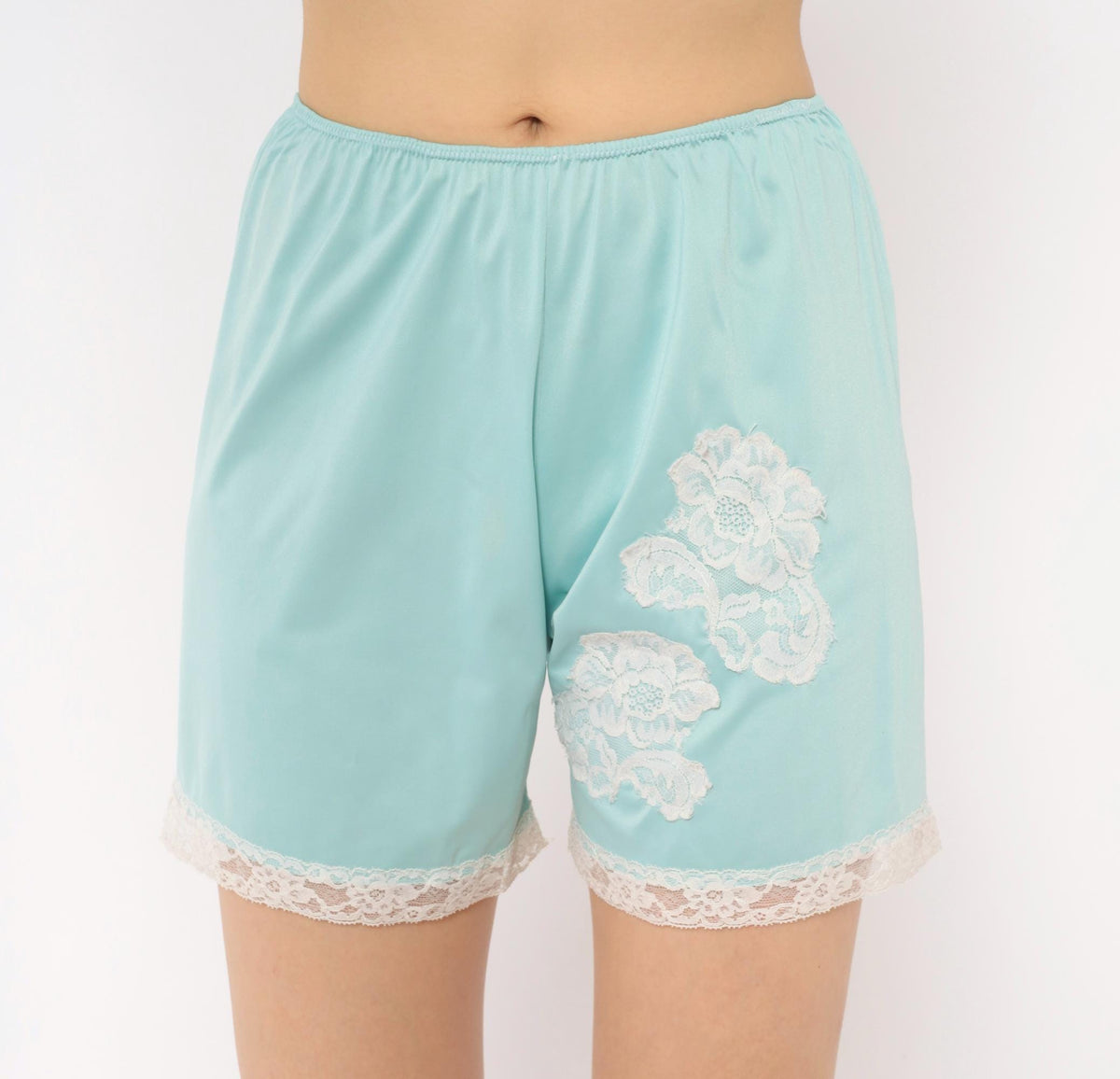 70s Penneys Light Blue Nylon Bloomers White Floral Lace Appliqué Tap Pants Small Medium