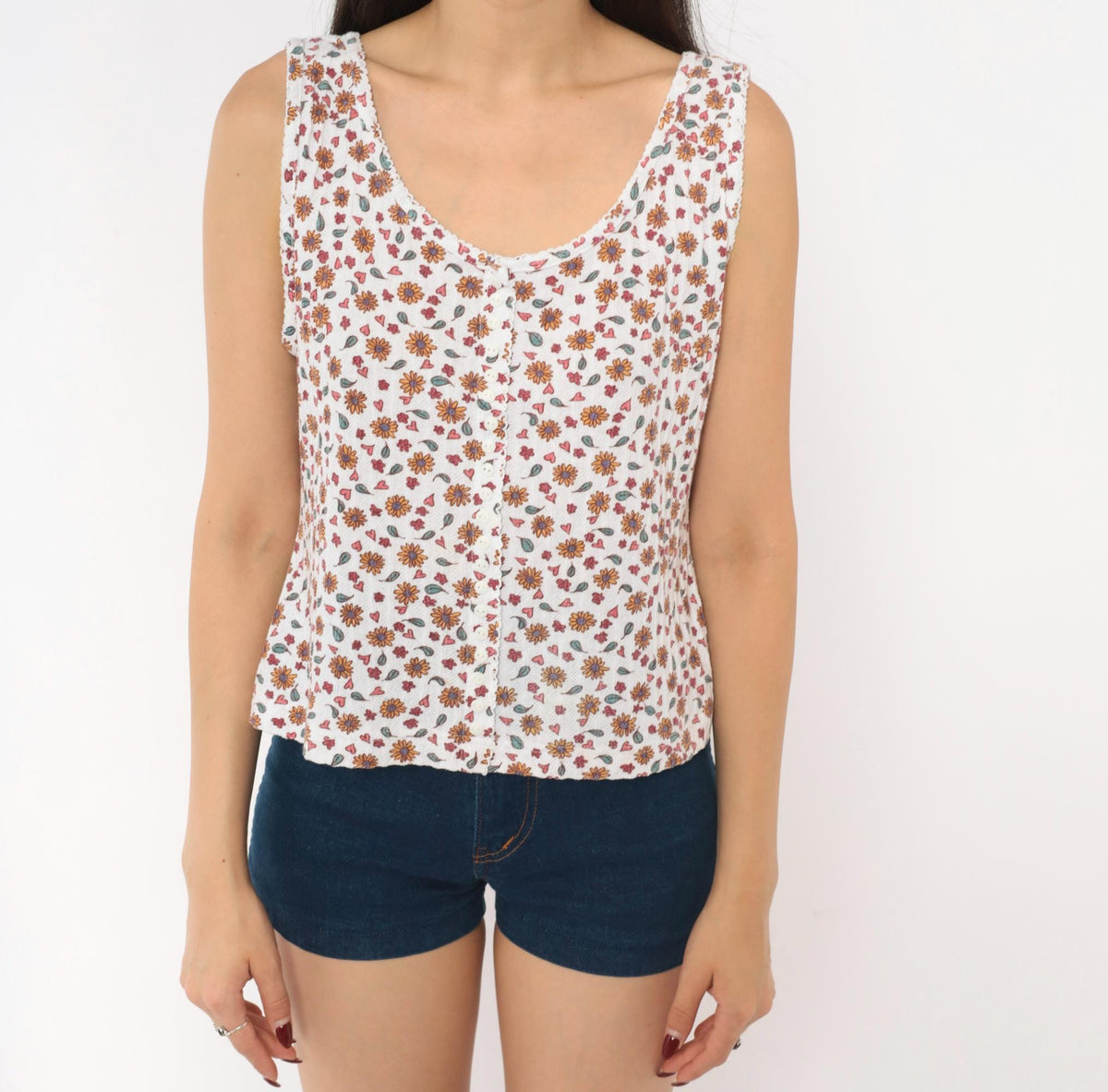 90s Denim Republic Floral Button Tank Sunflower Heart Print White Large L