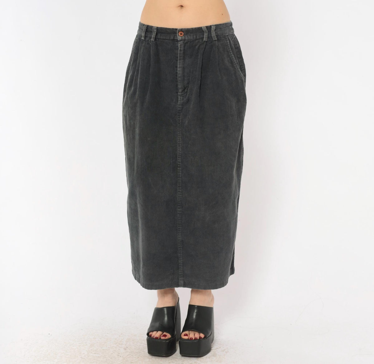 80s Gina Peters Charcoal Corduroy Midi Skirt Pleated High Waist Small