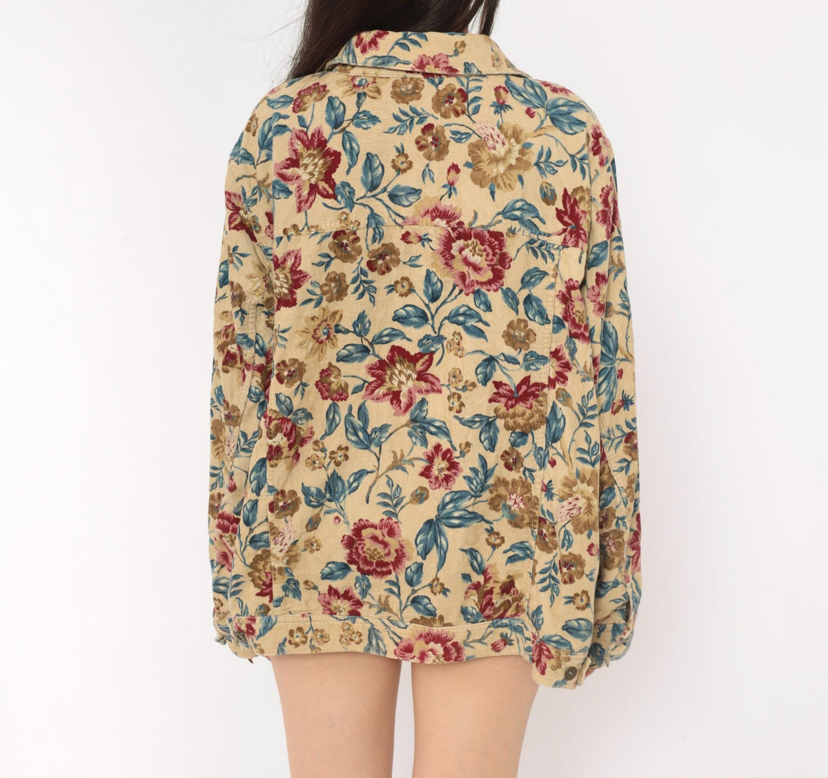 2000s Elisabeth Floral Corduroy Jacket Tan Botanical Button Front Plus Size 3X