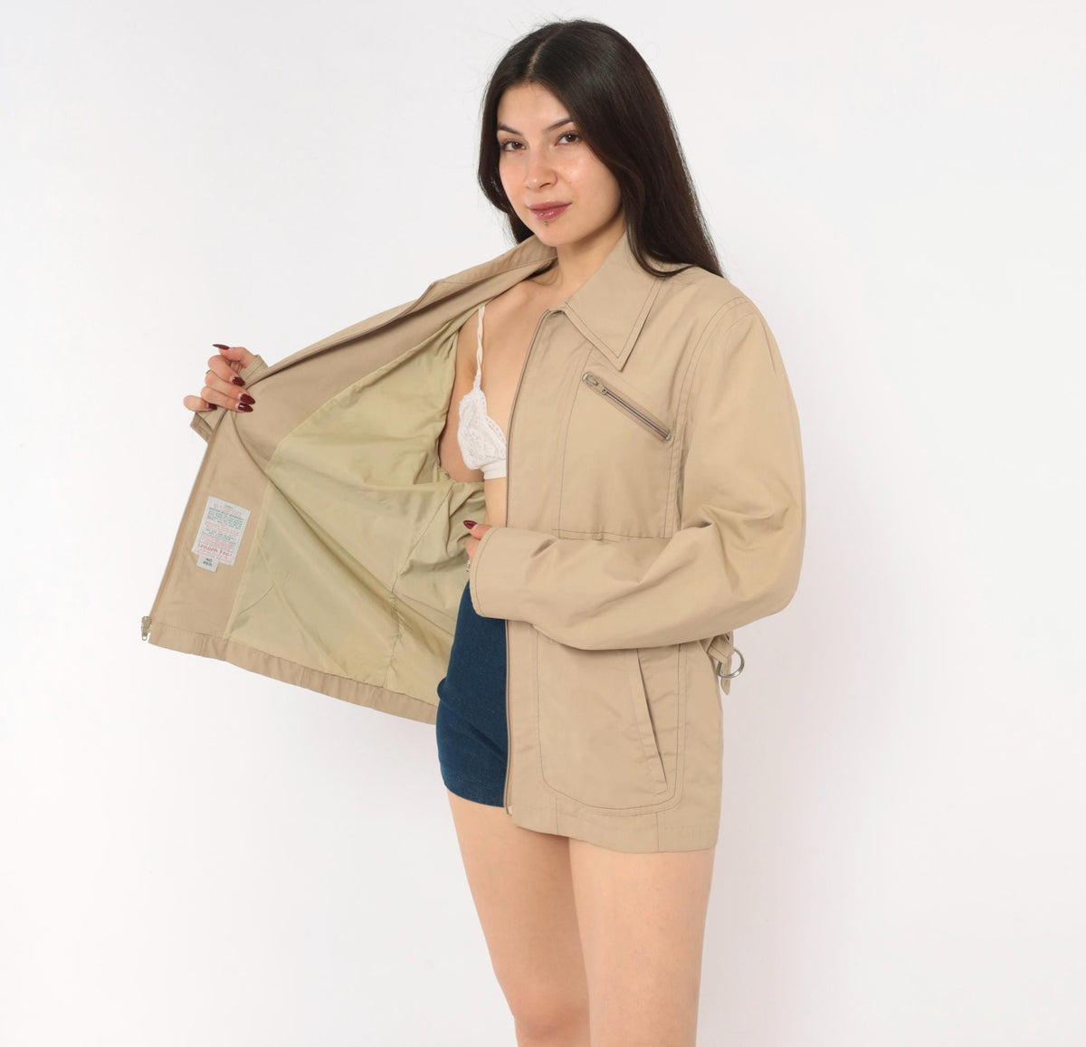 80s London Fog Tan Zip Jacket Utility Coat Multi Pocket Medium