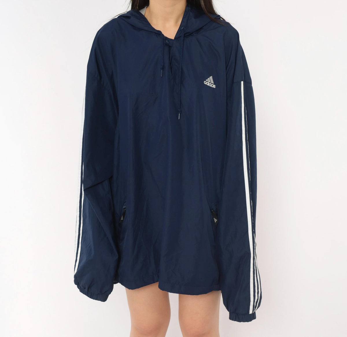 Y2K Adidas Navy Windbreaker Anorak Hooded Pullover White Stripe Extra Large XL