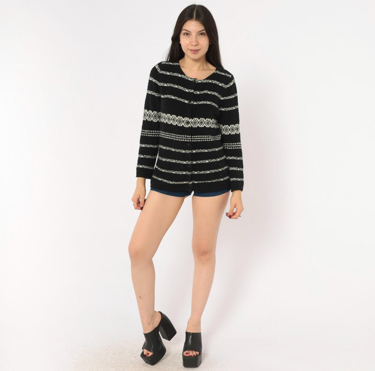 90s Moda International Fair Isle Cardigan Black White Wool Knit Medium M