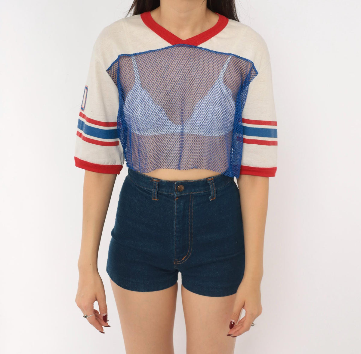 80s Indy Knit Mesh Crop Top Blue Red Stripe V-Neck Athletic Jersey Extra Large