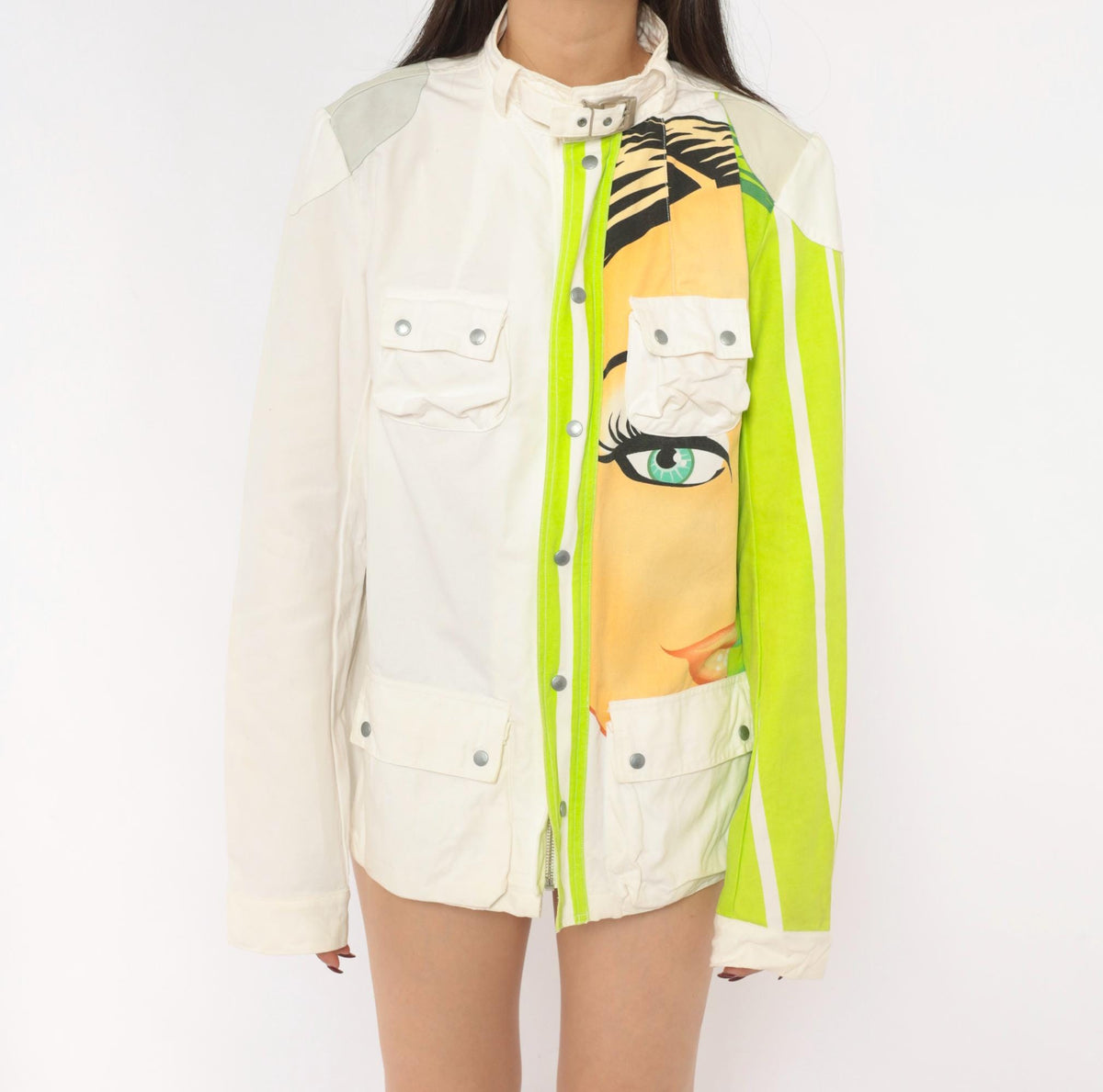 Y2K Custo Barcelona Pop Art Face Jacket White Lime Green Cotton Small S