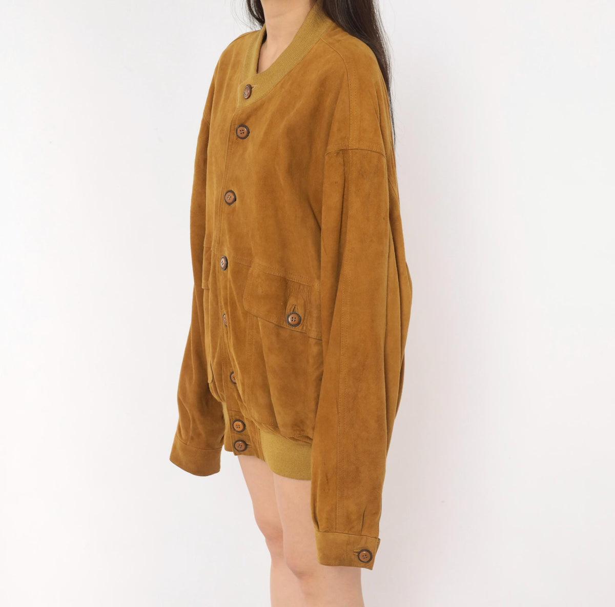 80s Rely Mustard Suede Bomber Jacket Knit Collar Button Front Medium