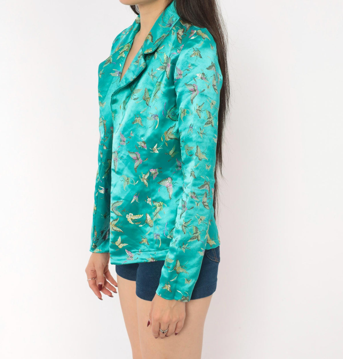 90s Teal Satin Brocade Blazer Butterfly Bird Embroidered XS